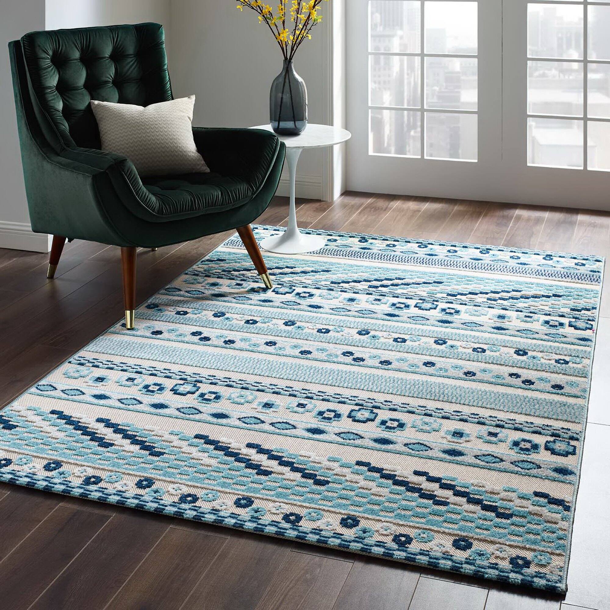 Front. Modway - Reflect Cadhla Vintage Abstract Geometric Lattice Indoor and Outdoor Area Rug - Ivory and Blue.