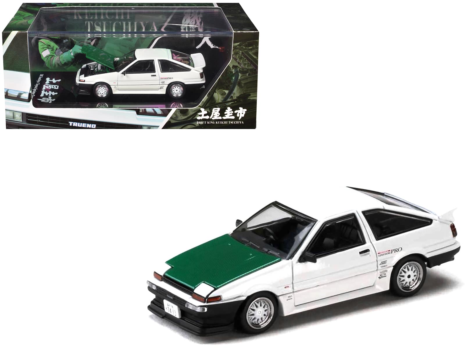 Hobby Japan - Toyota Sprinter Trueno AE86 RHD Keiichi Tsuchiya Dori Dori Mesh Wheels White Green Carbon Hood 1/64 Model - White with Green