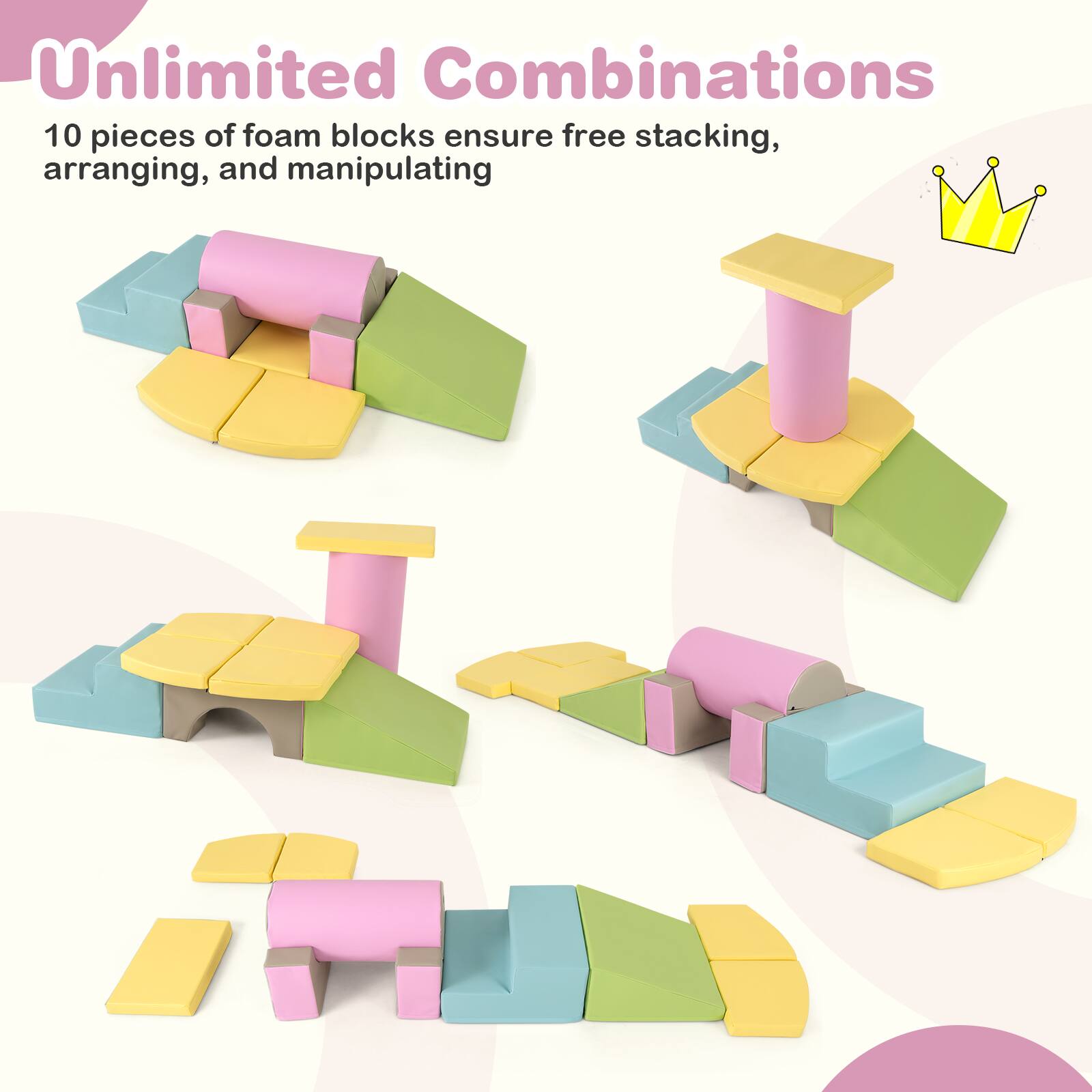 Unlimited Combinations

10 pieces of foam blocks ensure free stacking, arranging, and manipulating