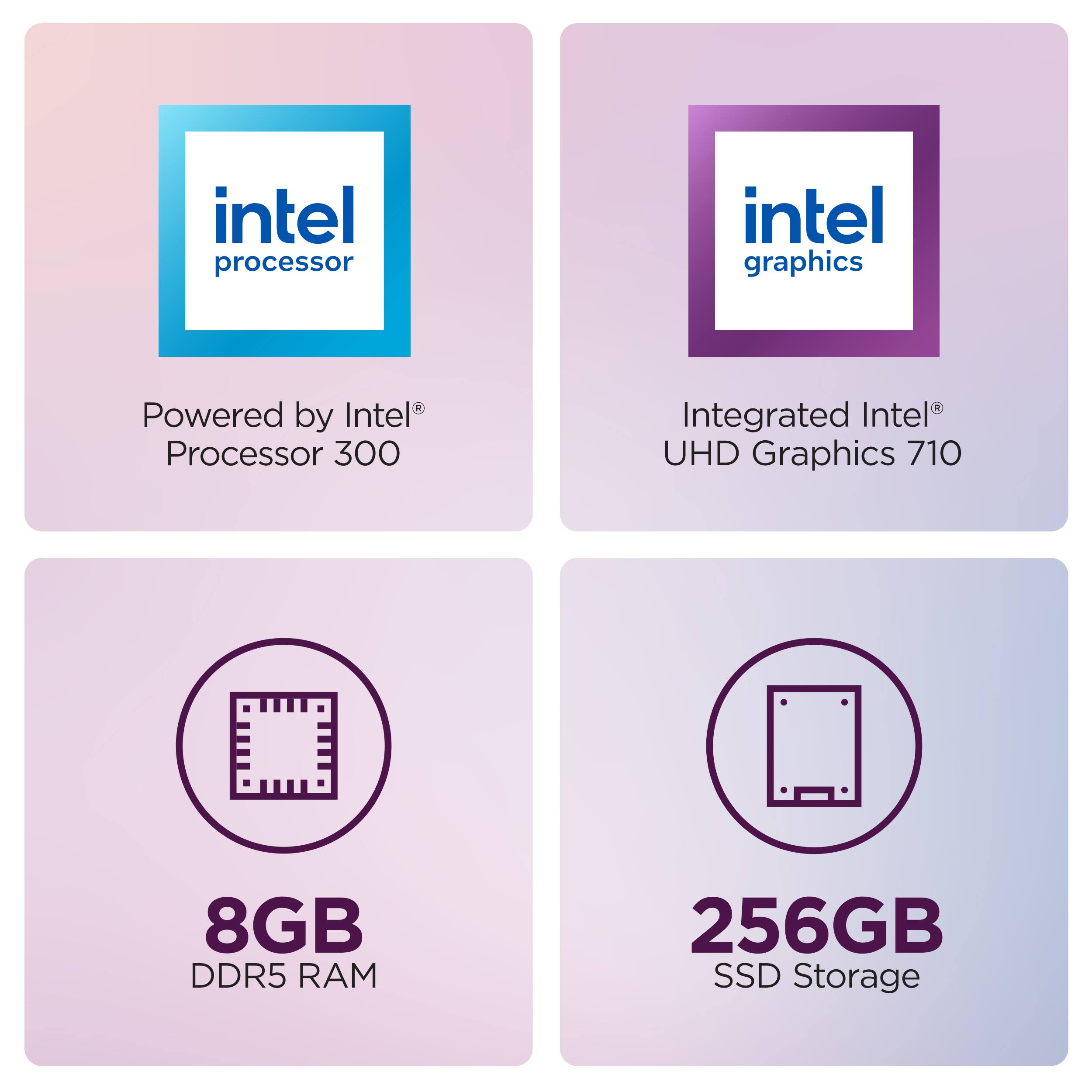 - Intel Processor
  - Powered by Intel® Processor 300

- Intel Graphics
  - Integrated Intel® UHD Graphics 710

- 8GB DDR5 RAM

- 256GB SSD Storage