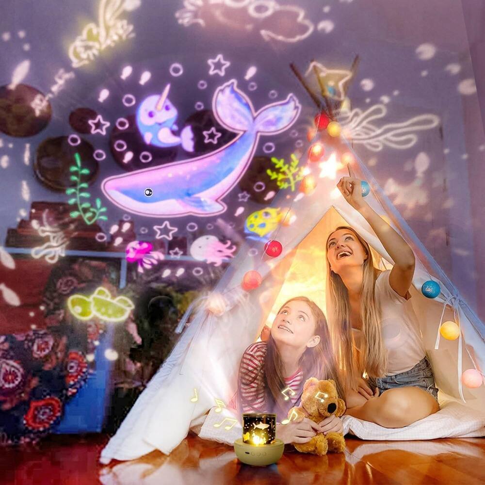 Left. ACJPR - 21 Sets of Films Projector Night Light for Kids Bedroom with Remote Control & Bluetooth Speaker, Star Galaxy Baby Night.