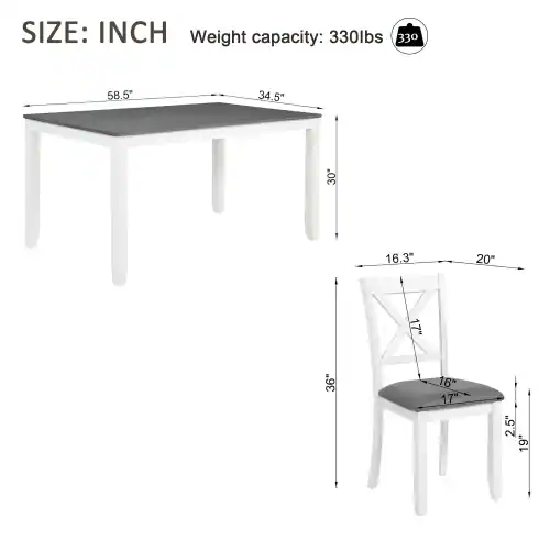 SIZE: INCH  
Weight capacity: 330lbs (330 lbs)  
58.5"  
34.5"  
30"  
16.3"  
20"  
1"  
36"  
16"  
17"  
2.5"  
19"