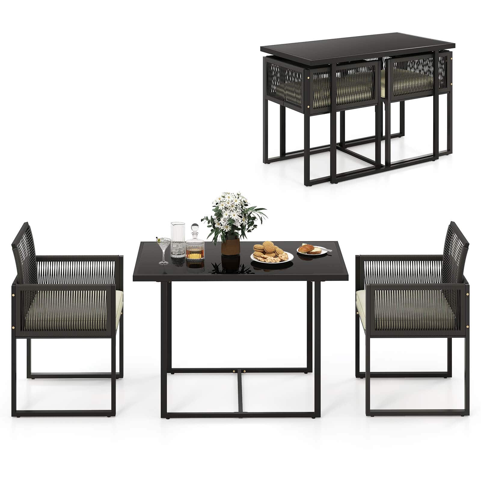 Costway - 3 PCS Patio PE Wicker Furniture Set Cushioned Chairs with Folding Backrest Backyard - White