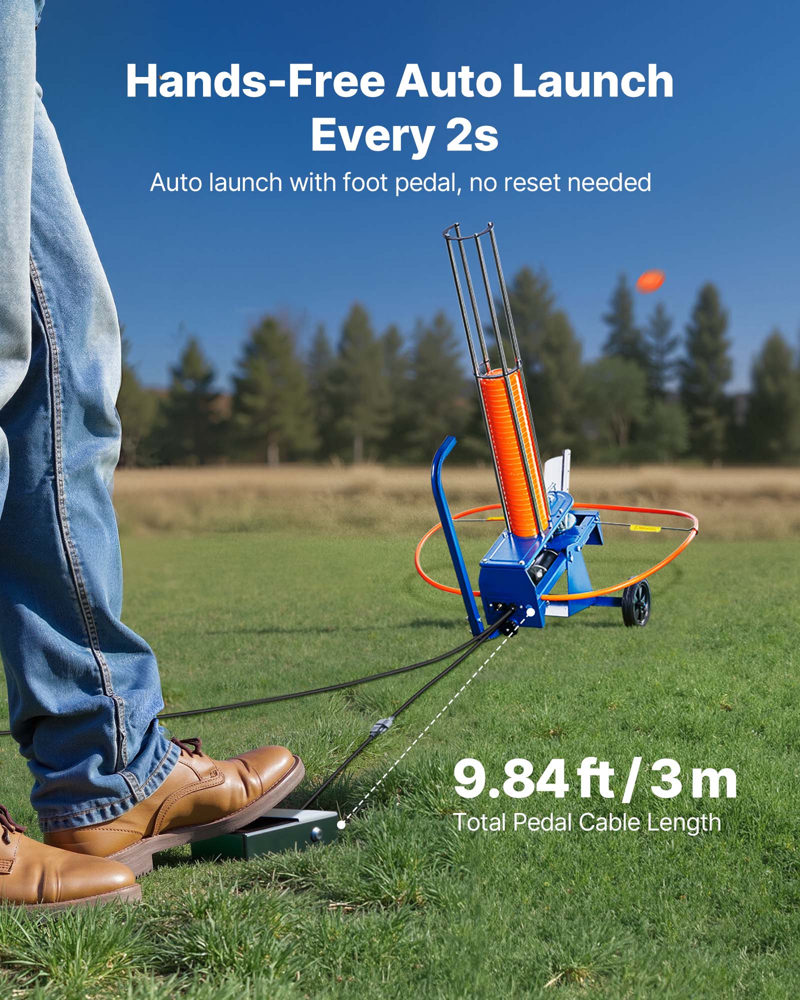 Hands-Free Auto Launch Every 2s  
Auto launch with foot pedal, no reset needed  

9.84 ft / 3 m  
Total Pedal Cable Length