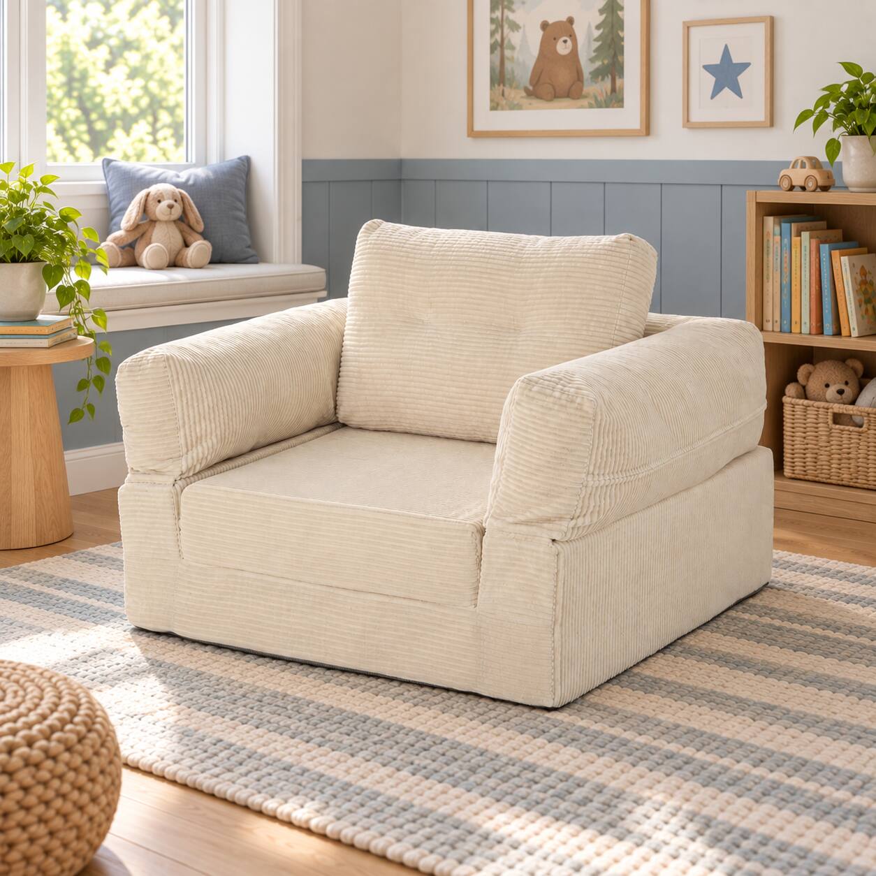 Left. Famapy - Convertible Chair Bed Corduroy Oversized Single Sofa Chair, High Resilience Foam Removable Washable Cover - White.