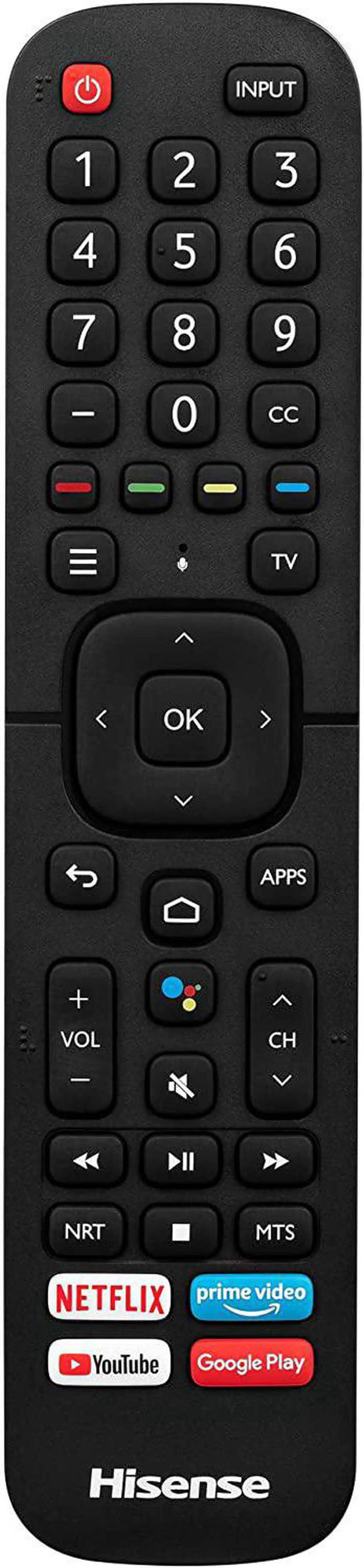 Sure, here is the corrected and grouped text from the image:

- **Top Row:**
  - Power (red button)
  - INPUT

- **Number Pad:**
  - 1 2 3
  - 4 5 6
  - 7 8 9
  - 0

- **Below Number Pad:**
  - CC

- **Navigation:**
  - TV
  - OK (with directional arrows)
  - APPS

- **Volume and Channel:**
  - VOL + / -
  - CH + / -

- **Media Controls:**
  - NRT
  - MTS
  - NETFLIX
  - prime video
  - YouTube
  - Google Play

- **Bottom:**
  - Hisense