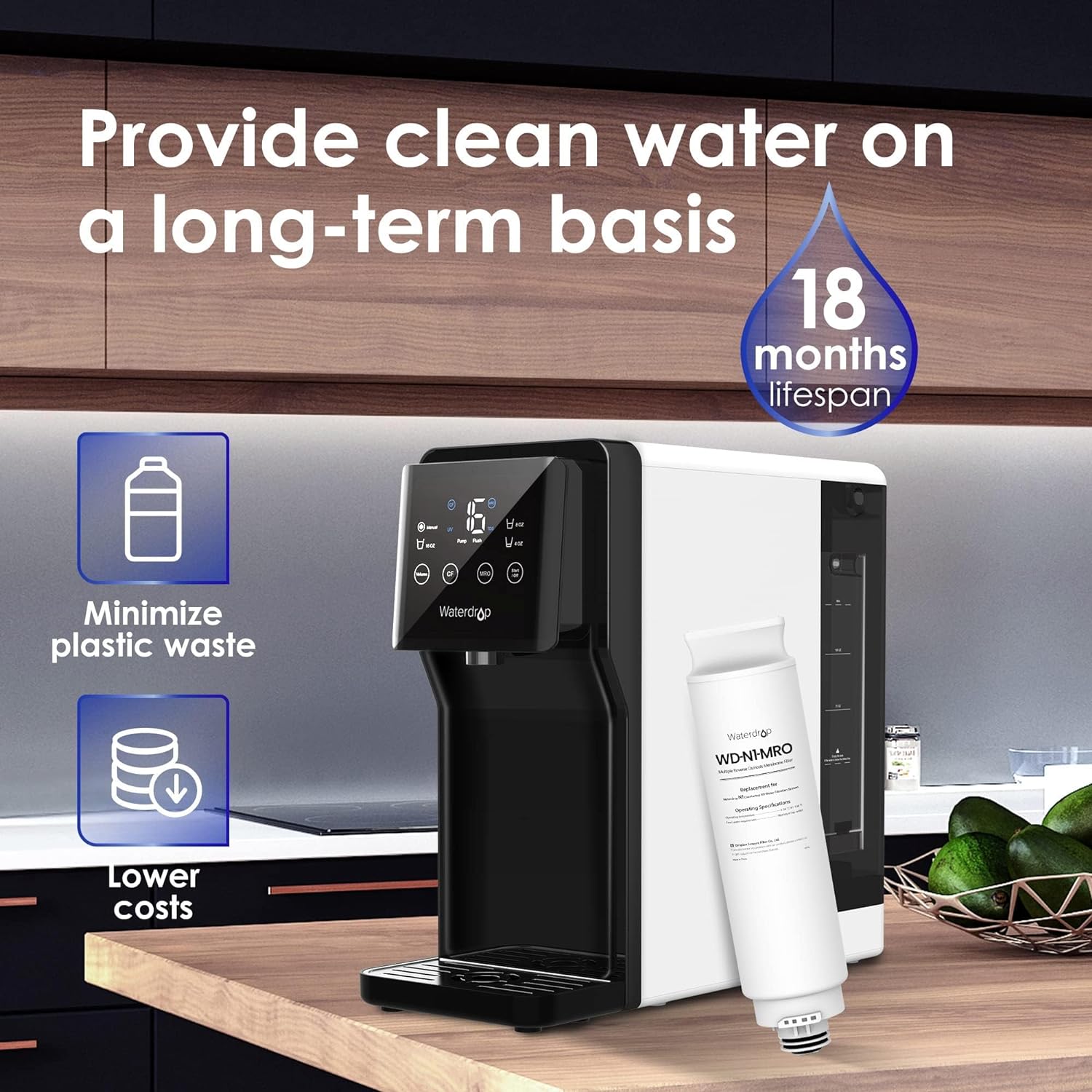 Provide clean water on a long-term basis 18 months lifespan. Minimize plastic waste. Lower costs.