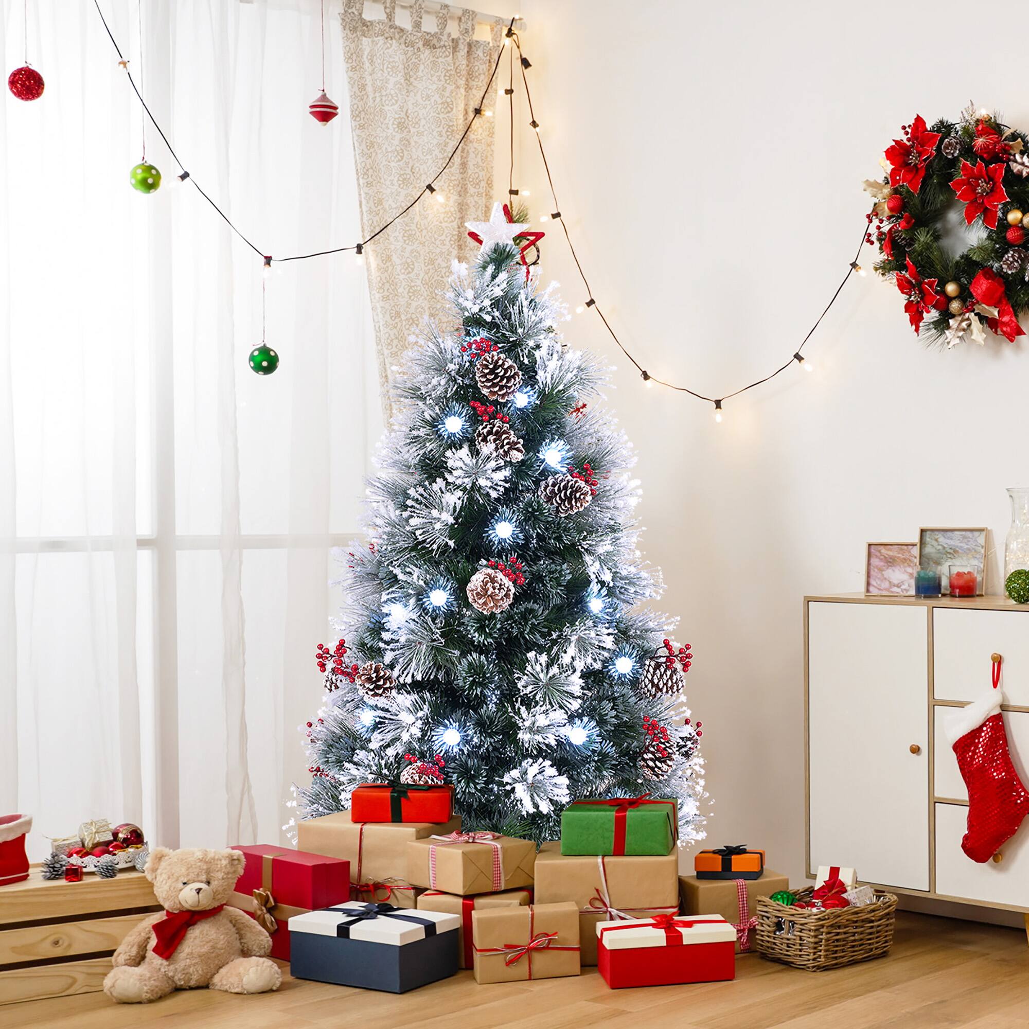 Alt View 4. Gymax - Gymax 5 FT Flocked Christmas Tree Artificial Xmas Tree w/170 Branch Tips &Pine Needles - Green, White.