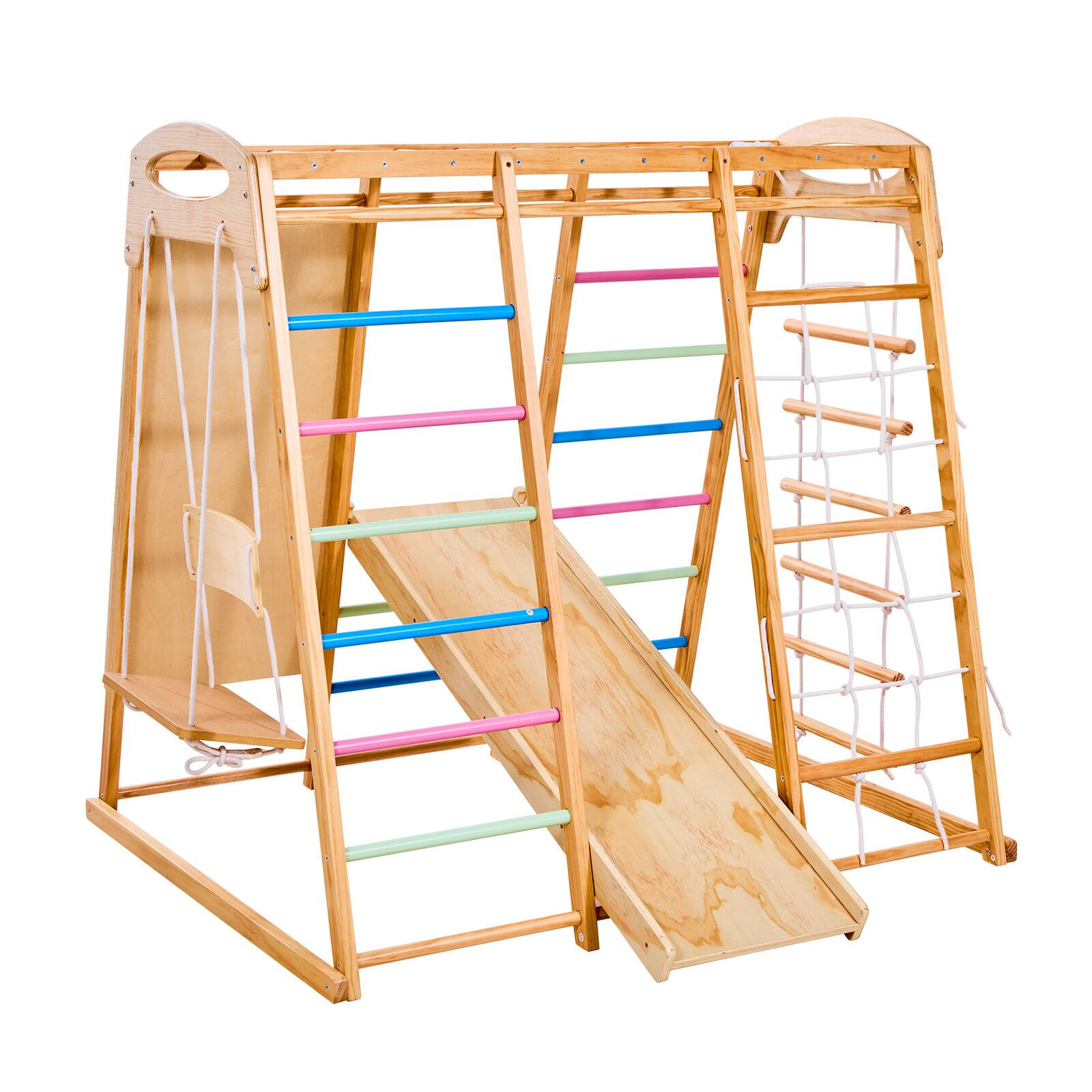 Alt View 5. VEVOR - Indoor Wooden Playground Jungle Gym, 7-in-1 Kids Playset with Swing, Monkey Bar, Slide, Wooden Ladder, Rope Ladder - color.