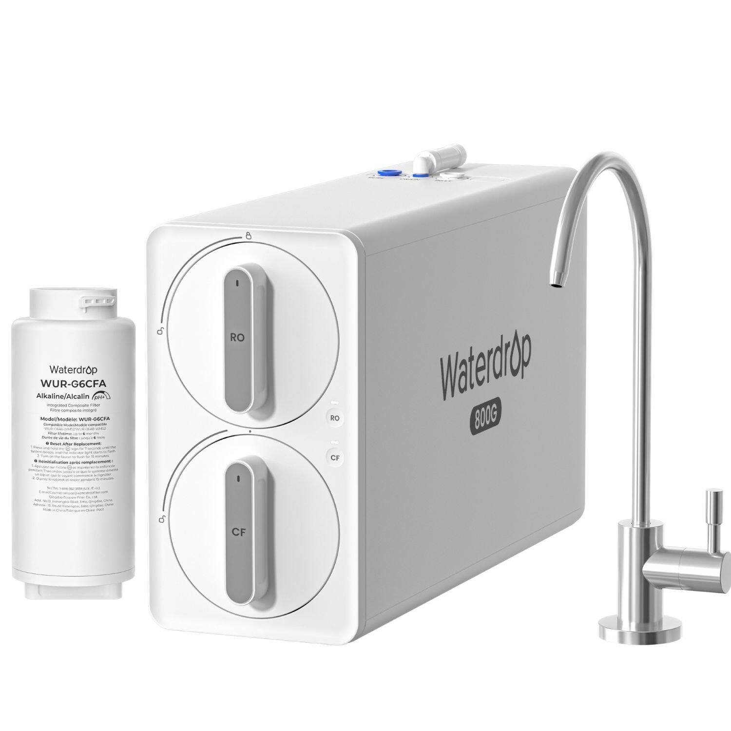 Waterdrop WUR-G6CFA Alkaline/Alcalin Composite - filtr compacte  
Model/Modèle: WUR 06CFA  
Degato Helmy Curce I Reset After 14 - -  
of  
I RO I  
RO CF  
Waterdrop 800G  
Alme  
Copun  
Jee  
of  
CF