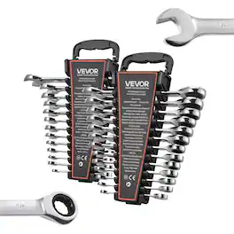 VEVOR - Combination Wrench Set, 26-Piece SAE and Metric, 72 Teeth, Cr-V Steel Ratcheting Wrench Set, with Rack Organizer - Silver