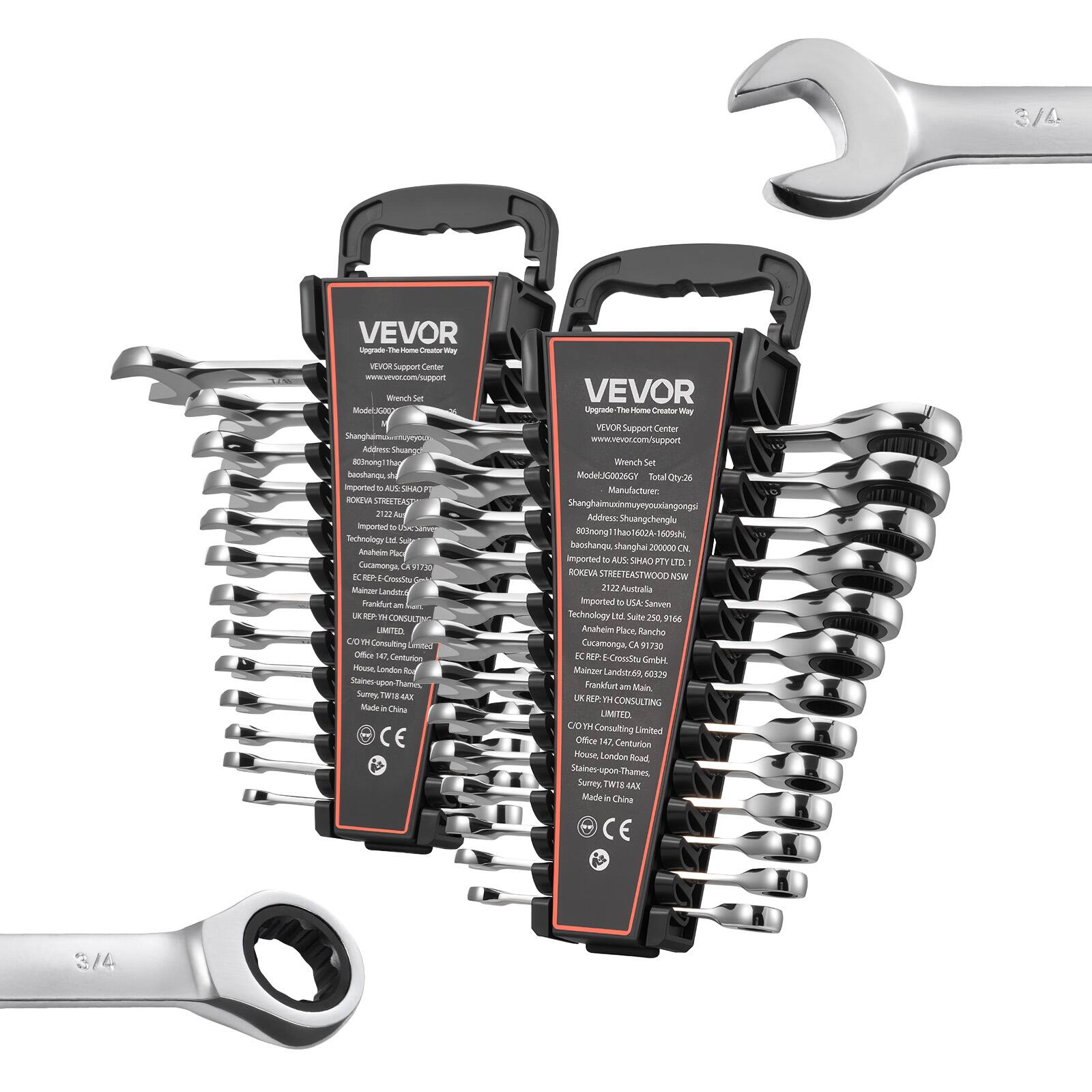 3/4 VEVOR Wrench Set

Model: G06526Y

Total Qty: 26

Manufacturer: Shanghai Muxinyueyouxiangongsi

Address: Shuangchengli, Baichang, Shanghai 200000, CN

Imported to AUS: SHANGHAI MUXINYUEYOUXIANGONGSI

ROKITA STREETEASTWOOD

2122 Australia

Imported to USA: SAVEN

Anaholm, Rancho Cucamonga, CA 1730

Imported to CAN: SAVEN

Anaholm, Rancho Cucamonga, CA 1730

Imported to EEC: SAVEN

Anaholm, Rancho Cucamonga, CA 1730

Imported to JPN: SAVEN

Anaholm, Rancho Cucamonga, CA 1730

Imported to IND: SAVEN

Anaholm, Rancho Cucamonga, CA 1730

Imported to SGP: SAVEN

Anaholm, Rancho C
