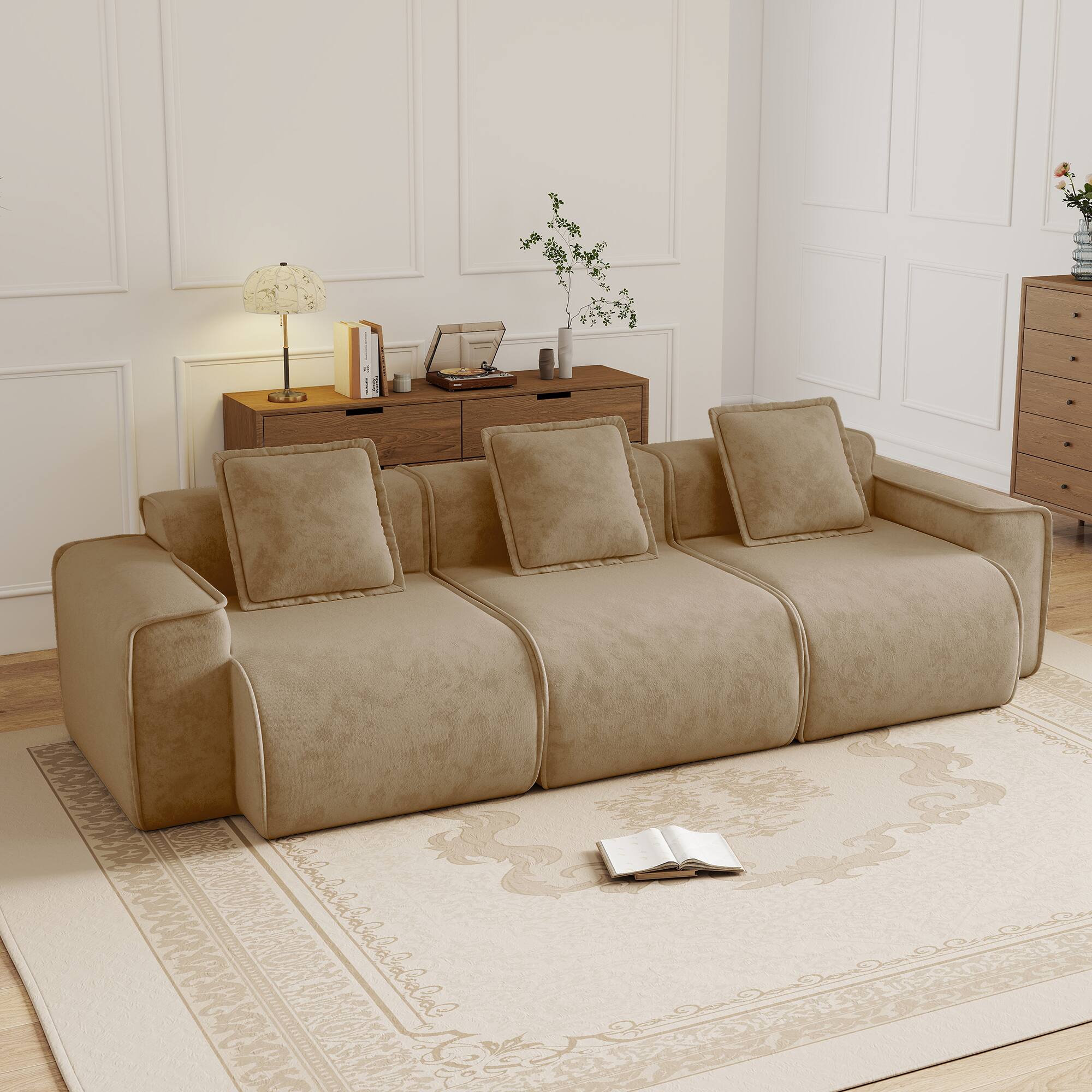 Front. Anysun - Streamlined 3-Seat Velvet Boneless Sofa - Deep Seat, French Edge Piping, No Assembly, Includes Throw Pillows - Brown.