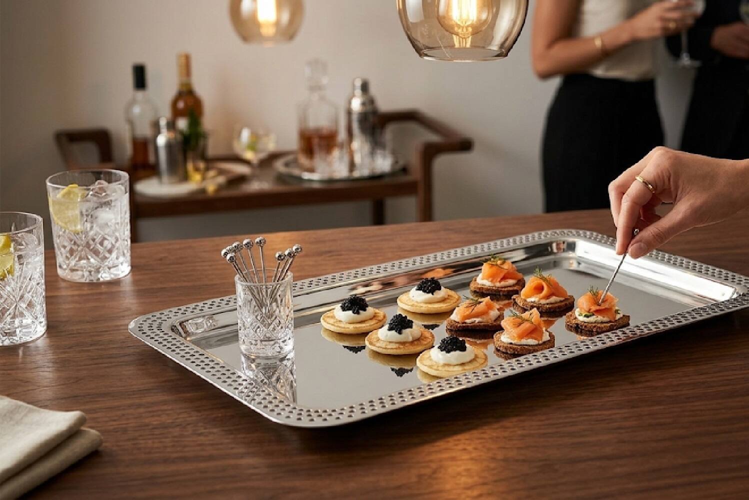Left. Jiallo - 15.5" × 6.25" Stainless Steel Rectangular Serving Tray – Decorative Cut‑Out Rim – Mirror Polished - Silver.