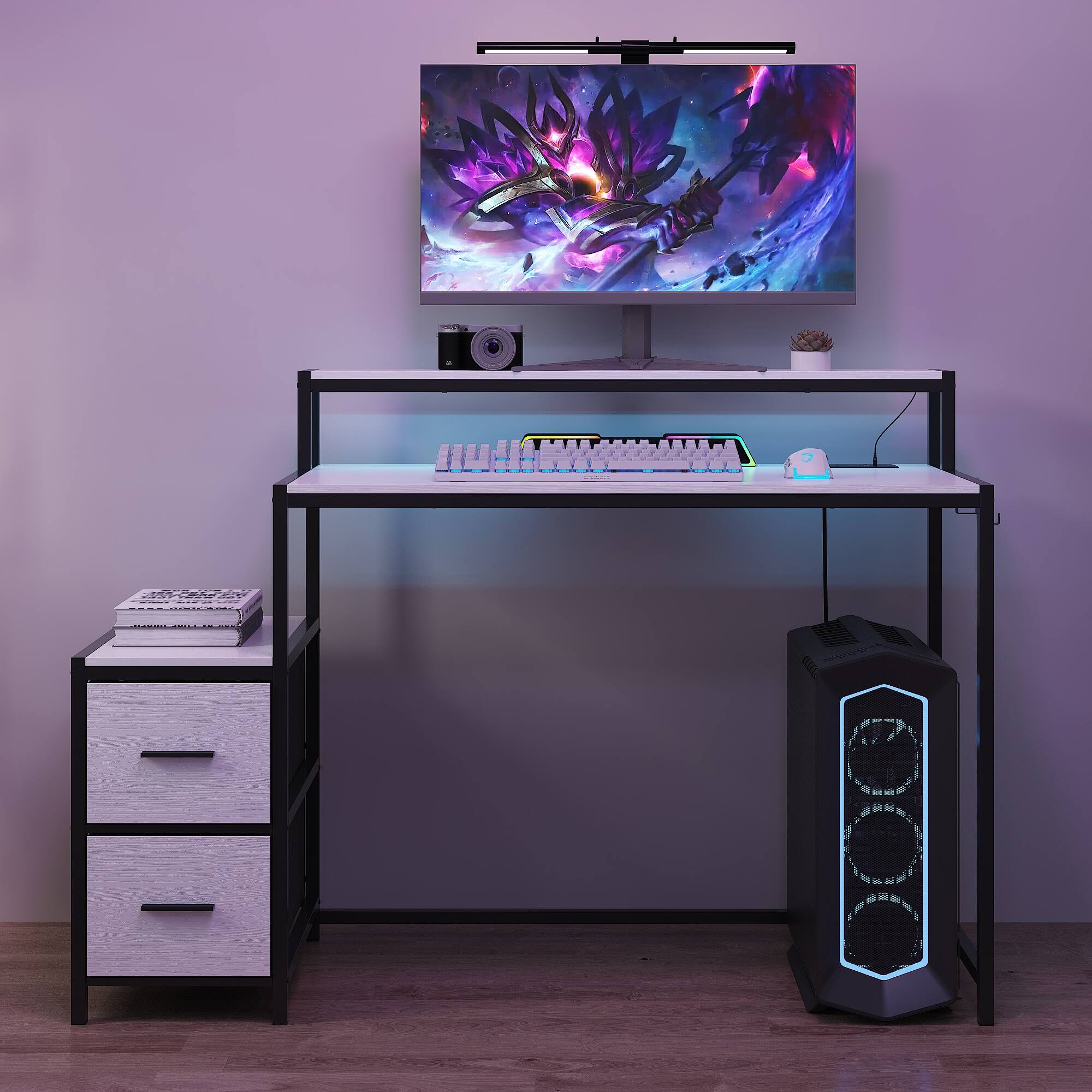 Front. Famapy - Gaming Desk with RGB Lights, Built-in Power Outlets, Cable Management & Storage for Immersive Setup - White & Black.