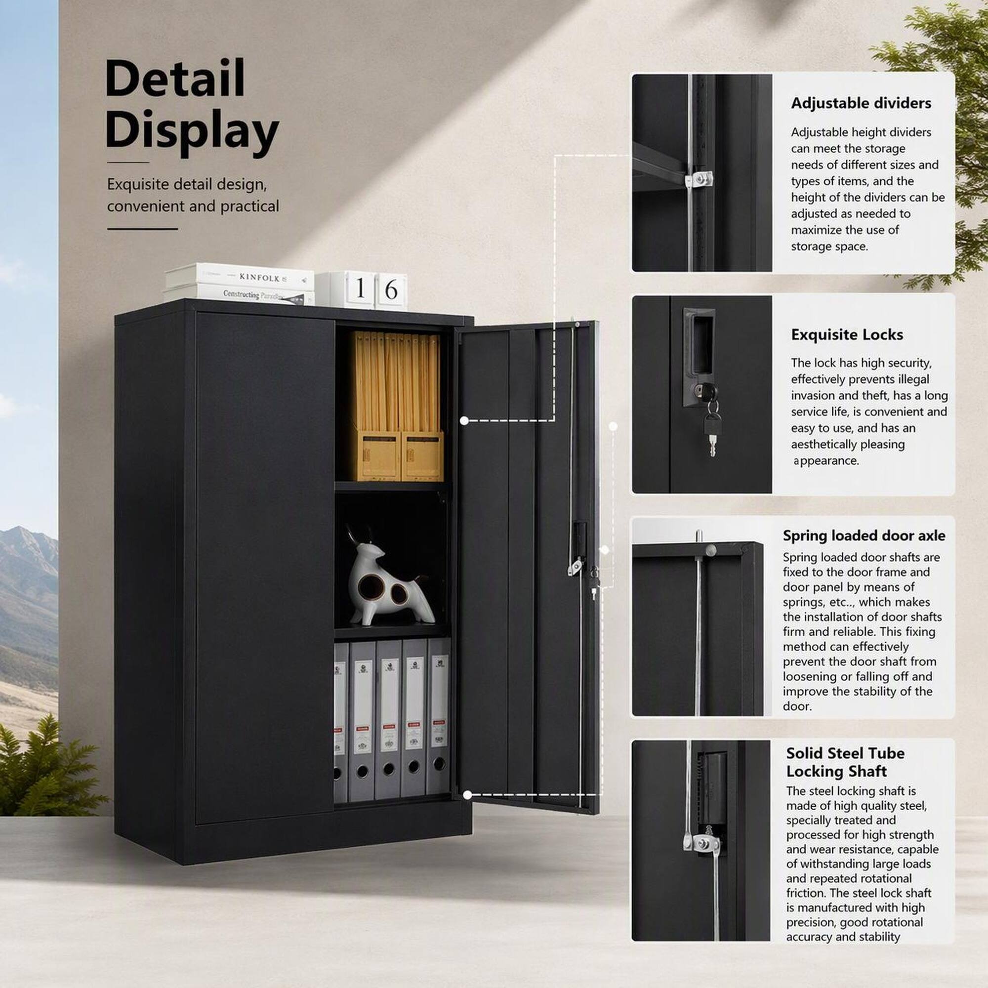 Detail Display  
Exquisite detail design, convenient and practical

Adjustable dividers  
Adjustable height dividers can meet the storage needs of different sizes and types of items, and the height of the dividers can be adjusted as needed to maximize the use of storage space.

Exquisite Locks  
The lock has high security, effectively prevents illegal invasion and theft, has a long service life, is convenient and easy to use, and has an aesthetically pleasing appearance.

Spring loaded door axle  
Spring loaded door shafts are fixed to the door frame and door panel by means of springs, etc., which makes the installation of door shafts firm and reliable. This fixing method can effectively prevent the door shaft from loosening or falling off and improve the stability of the door.

Solid Steel Tube Locking Shaft  
The steel locking shaft is made of high quality steel, specially treated and processed for high strength and wear resistance, capable of withstanding large loads and repeated operational friction. The steel lock shaft is manufactured with high precision, good rotational accuracy and stability.