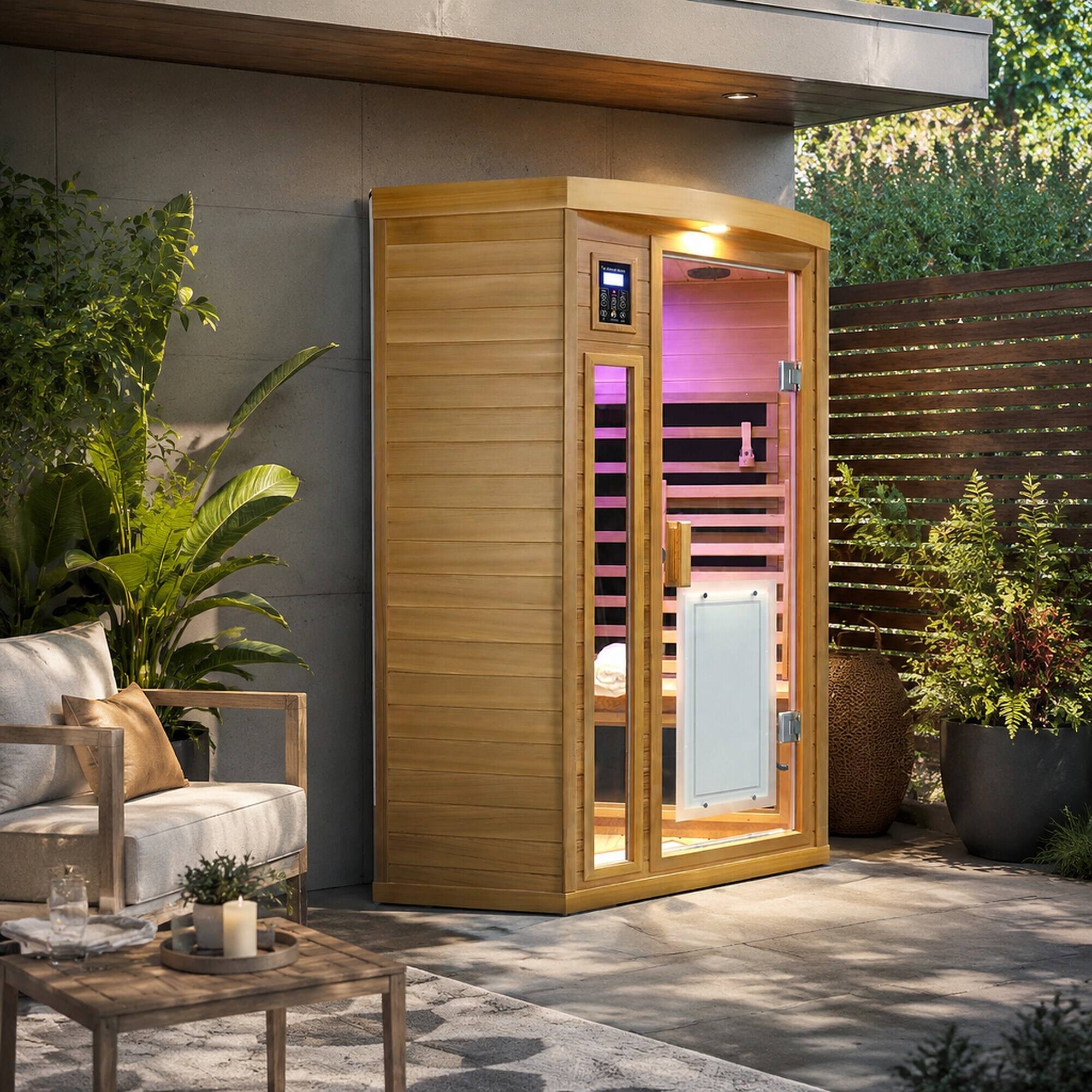 Left. RYHNUYNE - Low EMF 2 Person Far-Infrared Sauna, Red Cedar, Indoor Pentagonal Room, 8 Heating Panels, 1760W - Natural Wood.