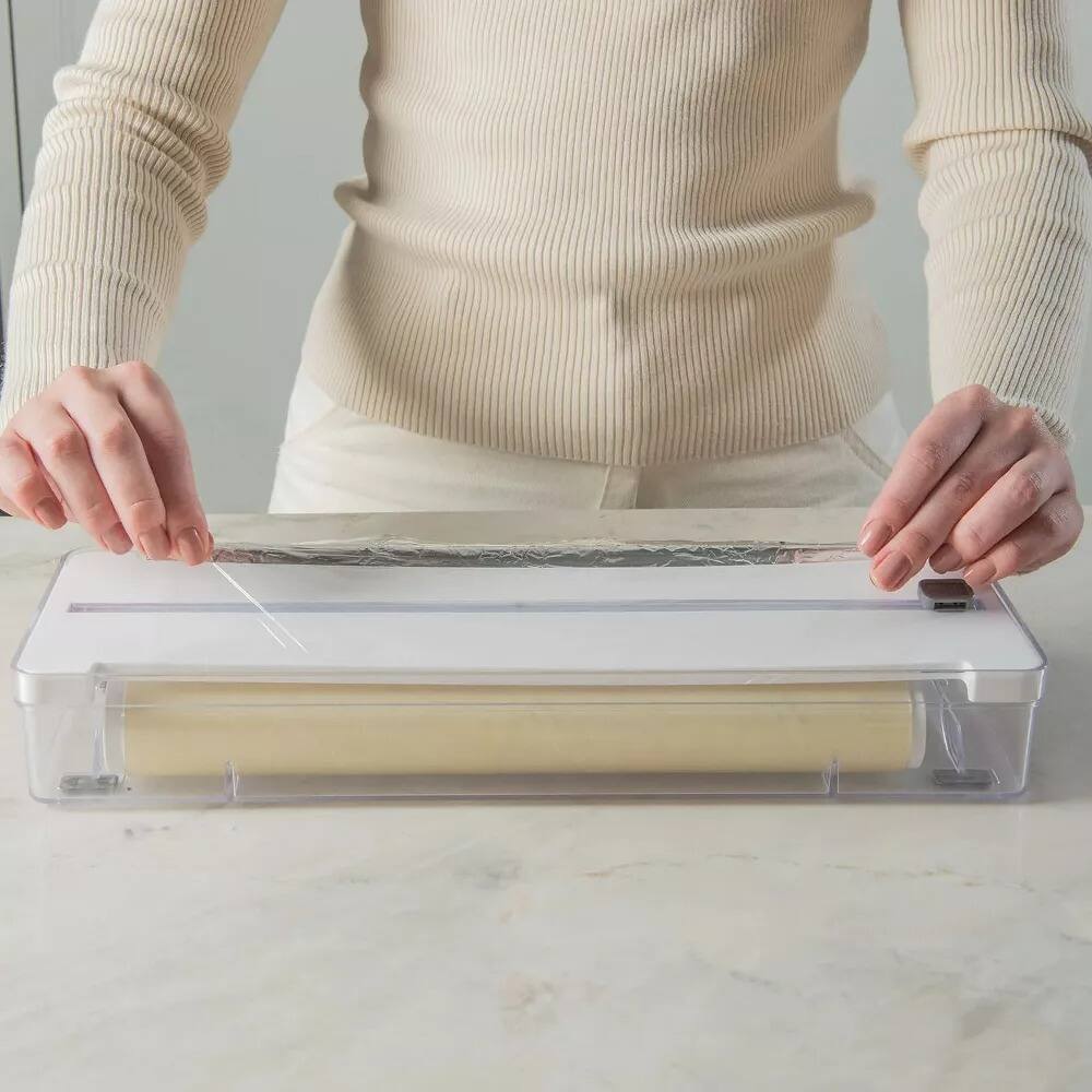 Angle. OU - OU Aluminum Foil and Wrap Organizer with Cutter for 12" Roll, Plastic Wrap & Aluminum Foil Dispenser - White - White.