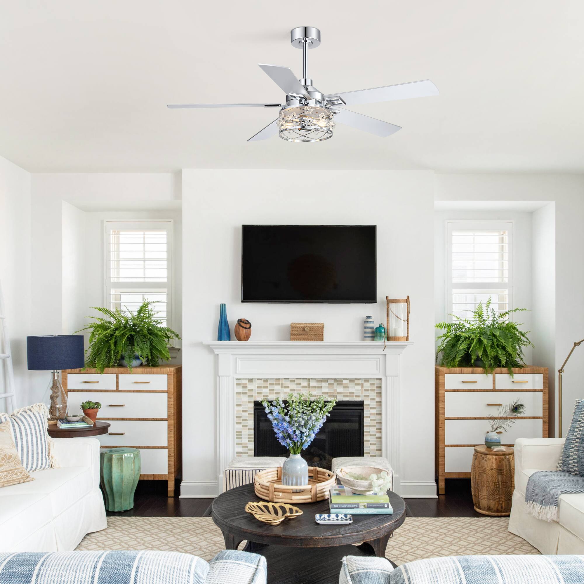 Alt View 1. Breezary - 52-Inch Indoor Ceiling Fan with Light Kit, 5 Plywood Dual-Finish Blades, DC Motor, 5/10'' Downrods, Remote, Glass Shade - Chrome with Silver & Woodgrain Blades.