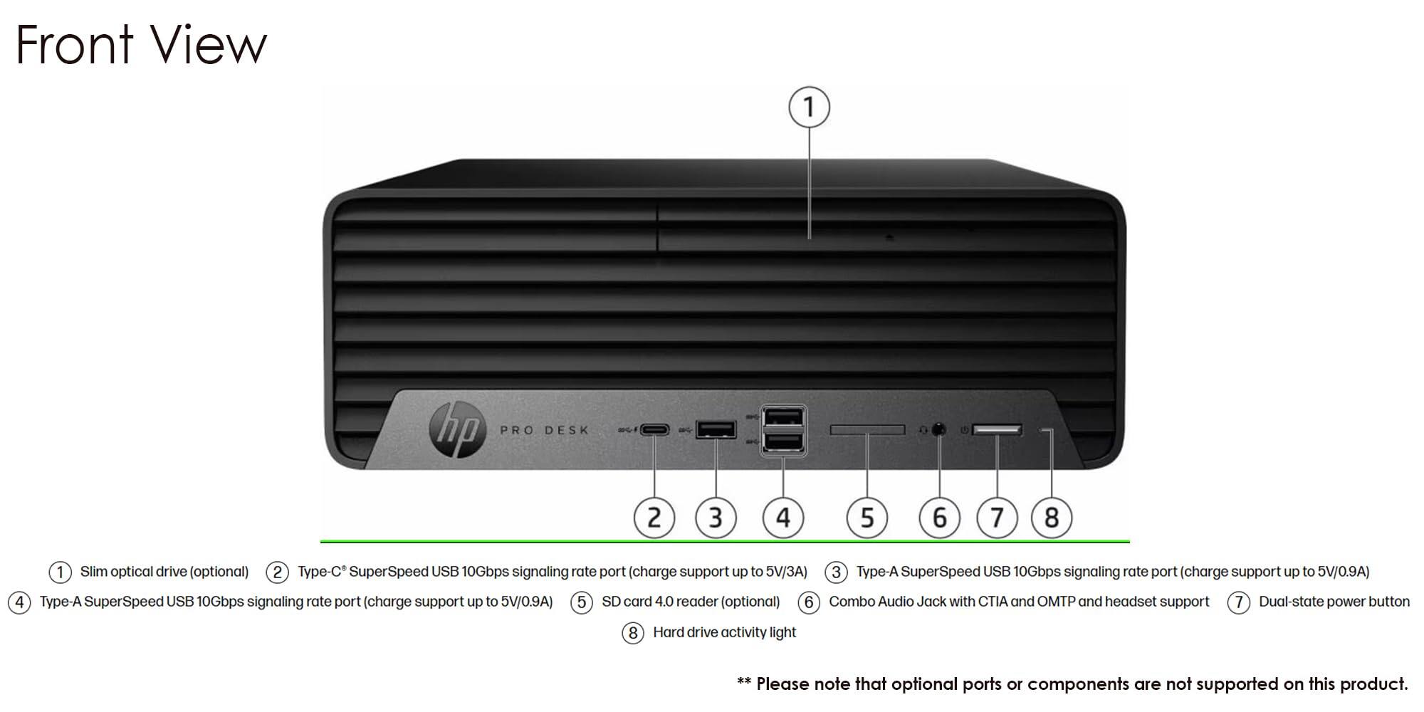 Front View

1. Slim optical drive (optional)
2. Type-C SuperSpeed USB 10Gbps signaling rate port (charge support up to 5V/3A)
3. Type-A SuperSpeed USB 10Gbps signaling rate port (charge support up to 5V/0.9A)
4. Type-A SuperSpeed USB 10Gbps signaling rate port (charge support up to 5V/0.9A)
5. SD card 4.0 reader (optional)
6. Combo Audio Jack with CTIA and OMTP and headset support
7. Dual-state power button
8. Hard drive activity light

**Please note that optional ports or components are not supported on this product.