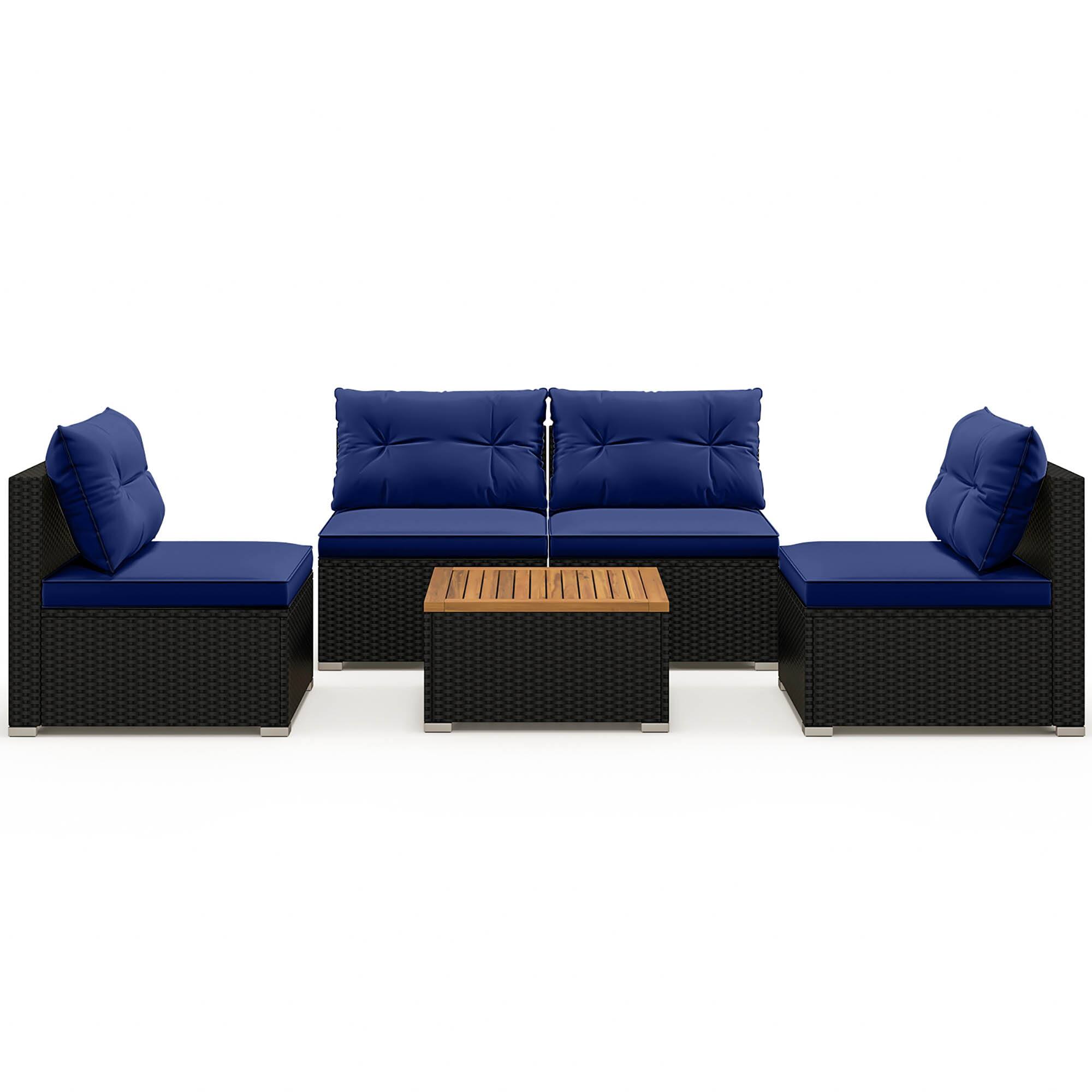 Alt View 9. Gymax - Gymax 5 Piece Outdoor Furniture Set w/ Seat & Back Cushions Acacia Wood Tabletop Navy - Navy.