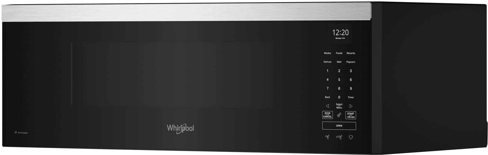 The text on the image reads: 12:20 - Modes Floorls Recents Defrost Melt Procor 1 2 3 4 5 6 7 8 9 Back 0 Tamer Select Menu Whirlpool STOP . CANCEL OPEN START +30 BC.