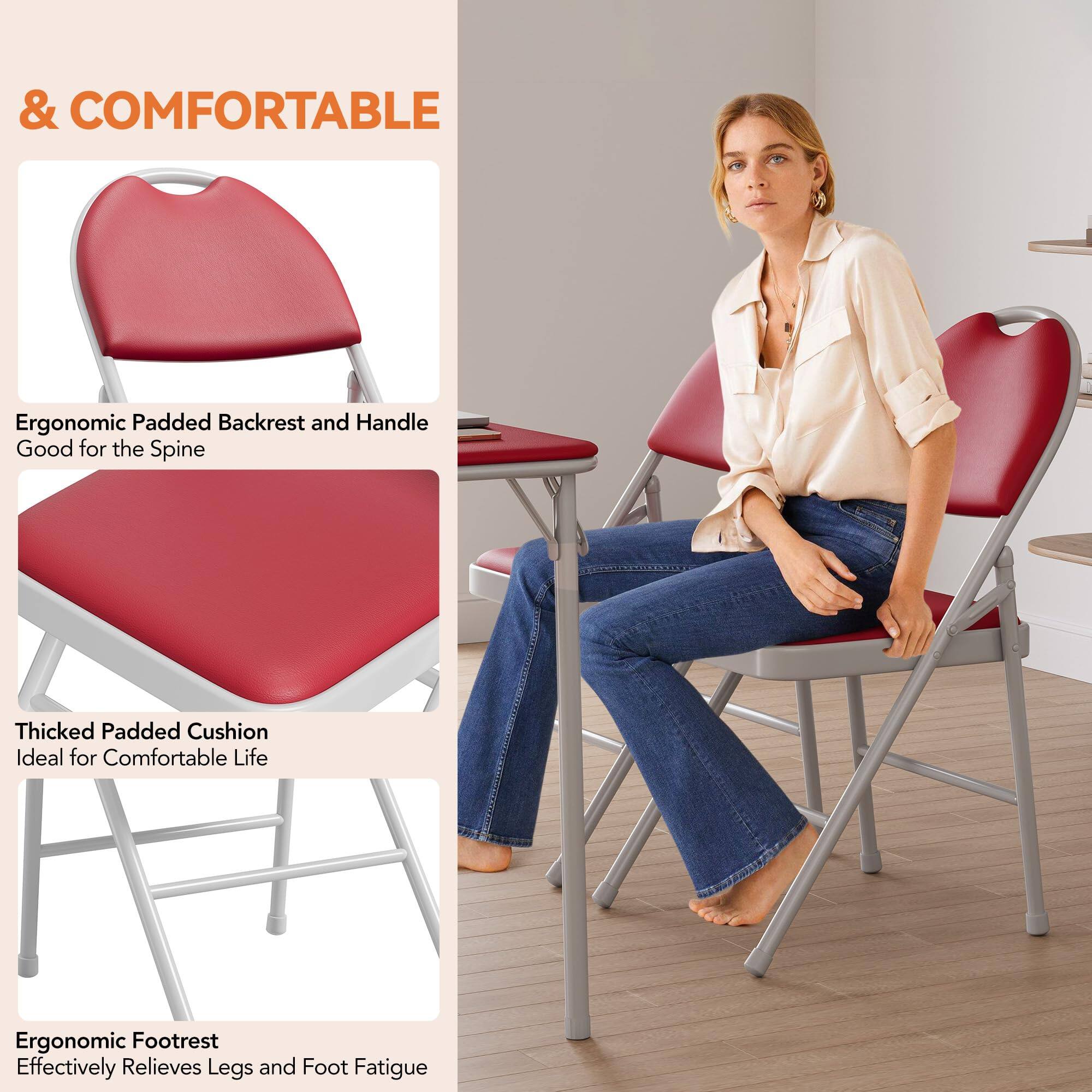 & COMFORTABLE

- Ergonomic Padded Backrest and Handle
  Good for the Spine

- Thickened Padded Cushion
  Ideal for Comfortable Life

- Ergonomic Footrest
  Effectively Relieves Legs and Foot Fatigue