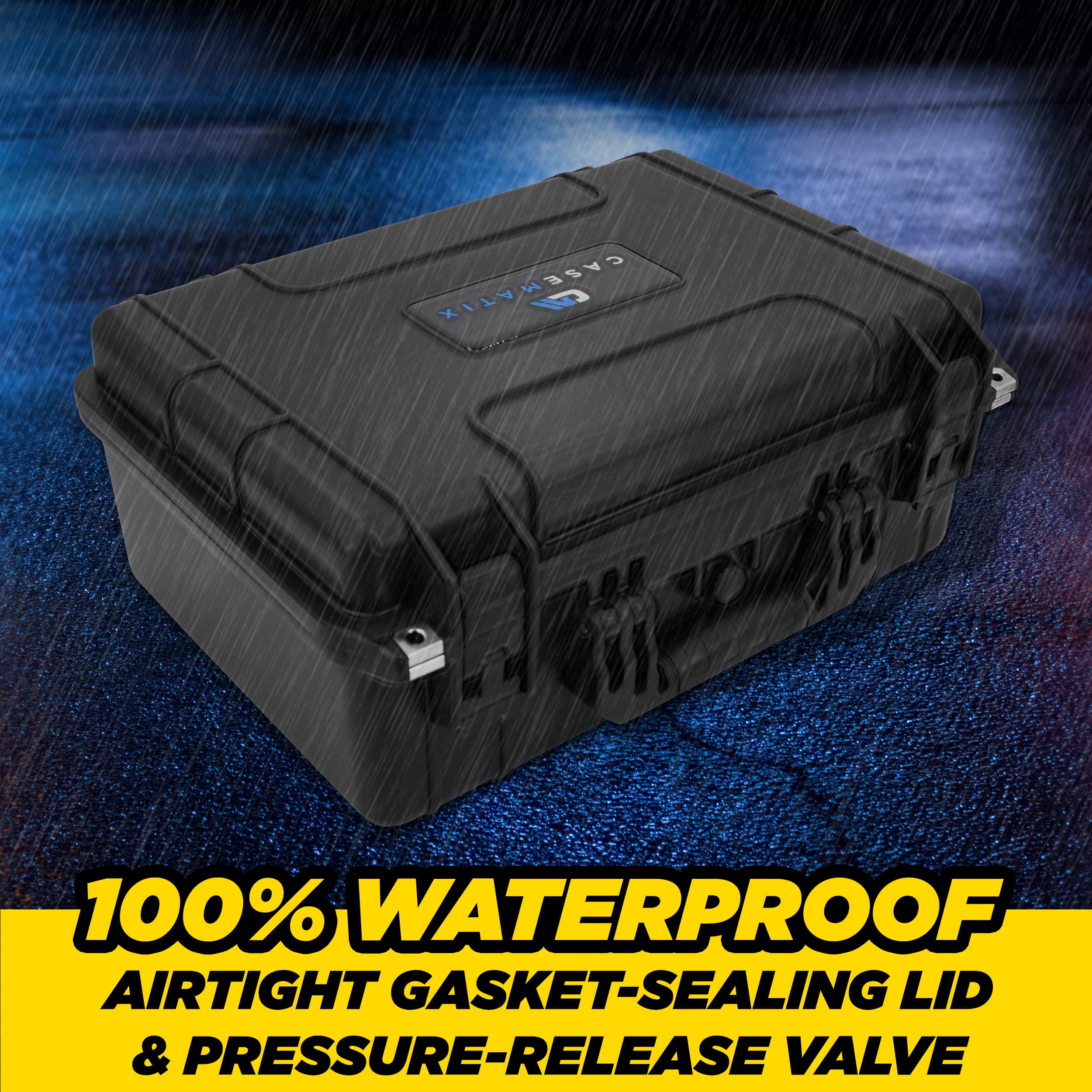 The text on the image reads: "100% Waterproof Airtight Gasket-Sealing Lid & Pressure-Release Valve."