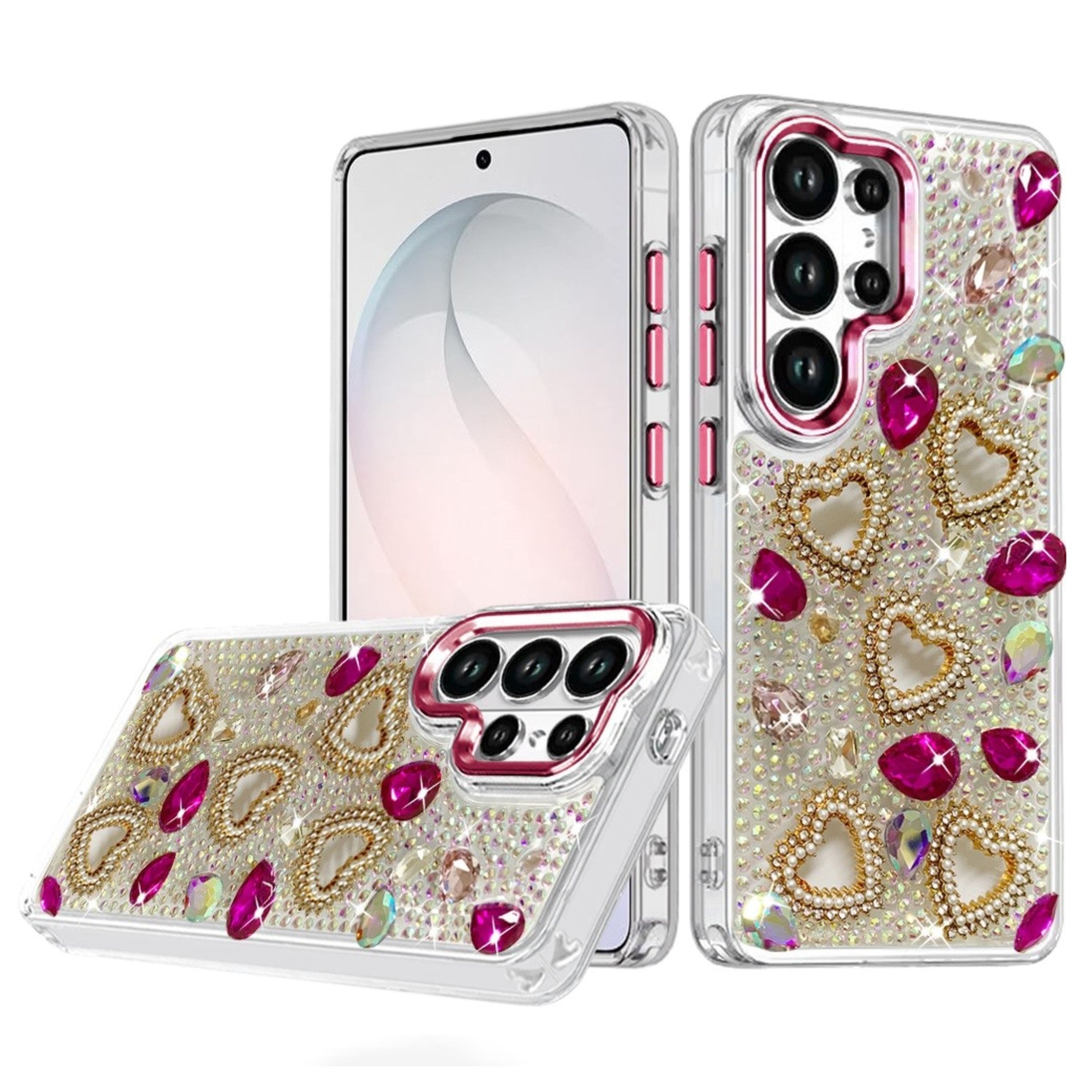 Kitcheniva - Full Bling Hearts 3D Jewel Ornaments Case With Tempered Glass For Samsung Galaxy S26 Ultra - Hot Pink price history on PriceWatchPro
