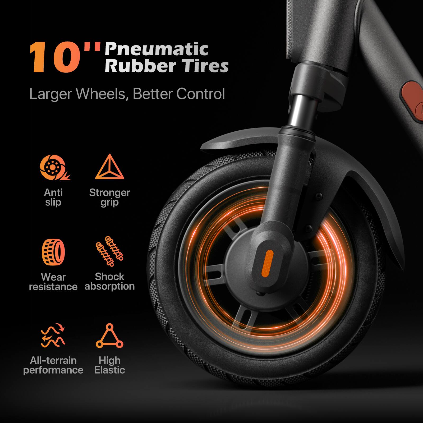 10" Pneumatic Rubber Tires  
Larger Wheels, Better Control  

- Anti slip  
- Stronger grip  
- Wear resistance  
- Shock absorption  
- All-terrain performance  
- High Elastic