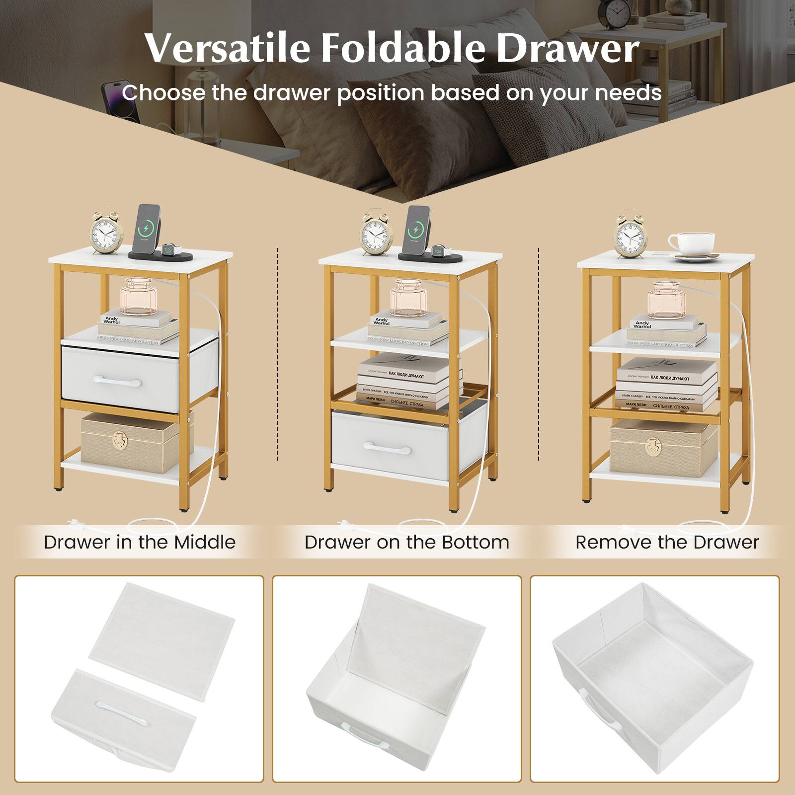 Versatile Foldable Drawer  
Choose the drawer position based on your needs

Drawer in the Middle  
Drawer on the Bottom  
Remove the Drawer