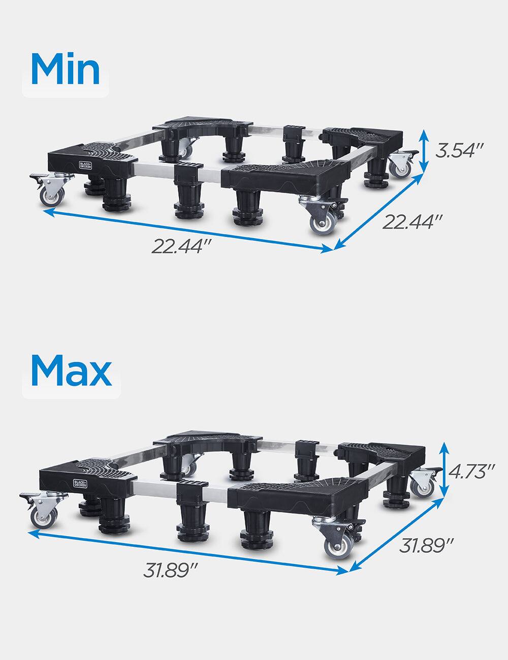 Min  
3.54"  
22.44"  
22.44"  

Max  
4.73"  
31.89"  
31.89"