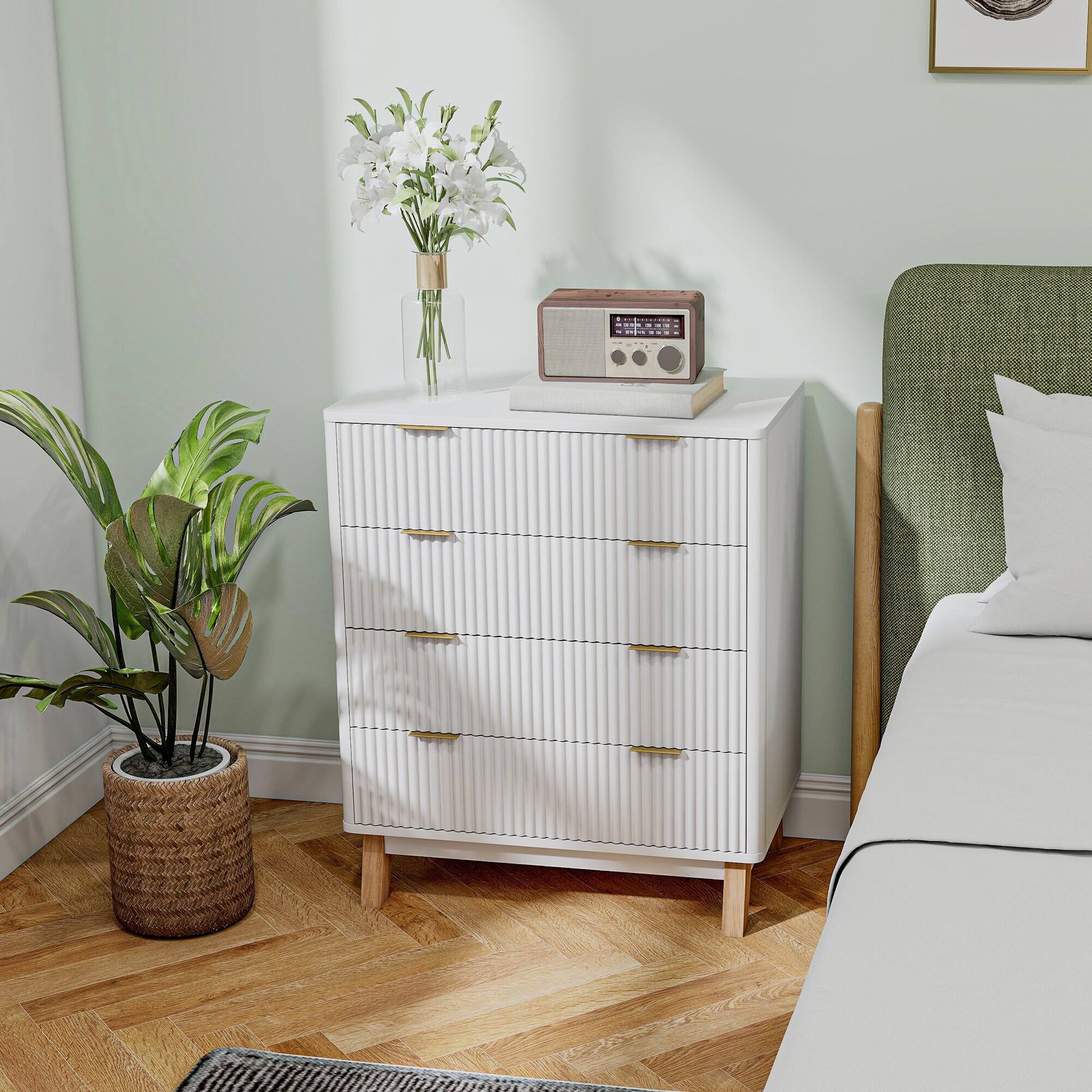 Alt View 1. Homcom - Fluted Dresser for Bedroom with 4 Drawers, 28" Wide Chest of Drawers with Gold Finger Pulls and 4 Wood Legs - White.