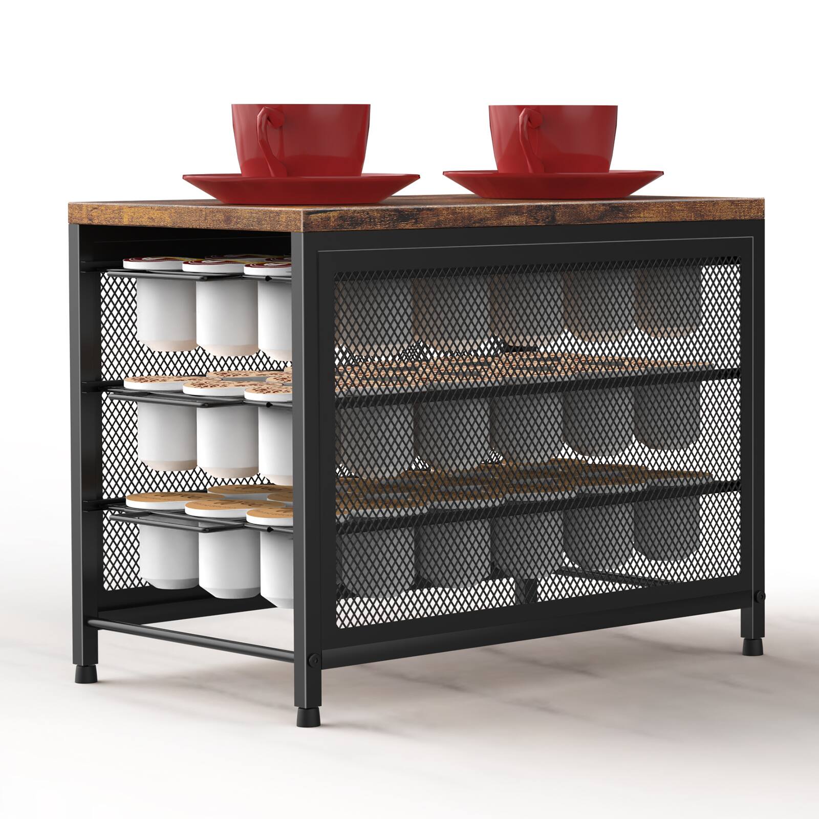 Alt View 1. Oumilen - 3-Tier Pull-Out K-Cup Storage Drawer with Rustic Wood Top.