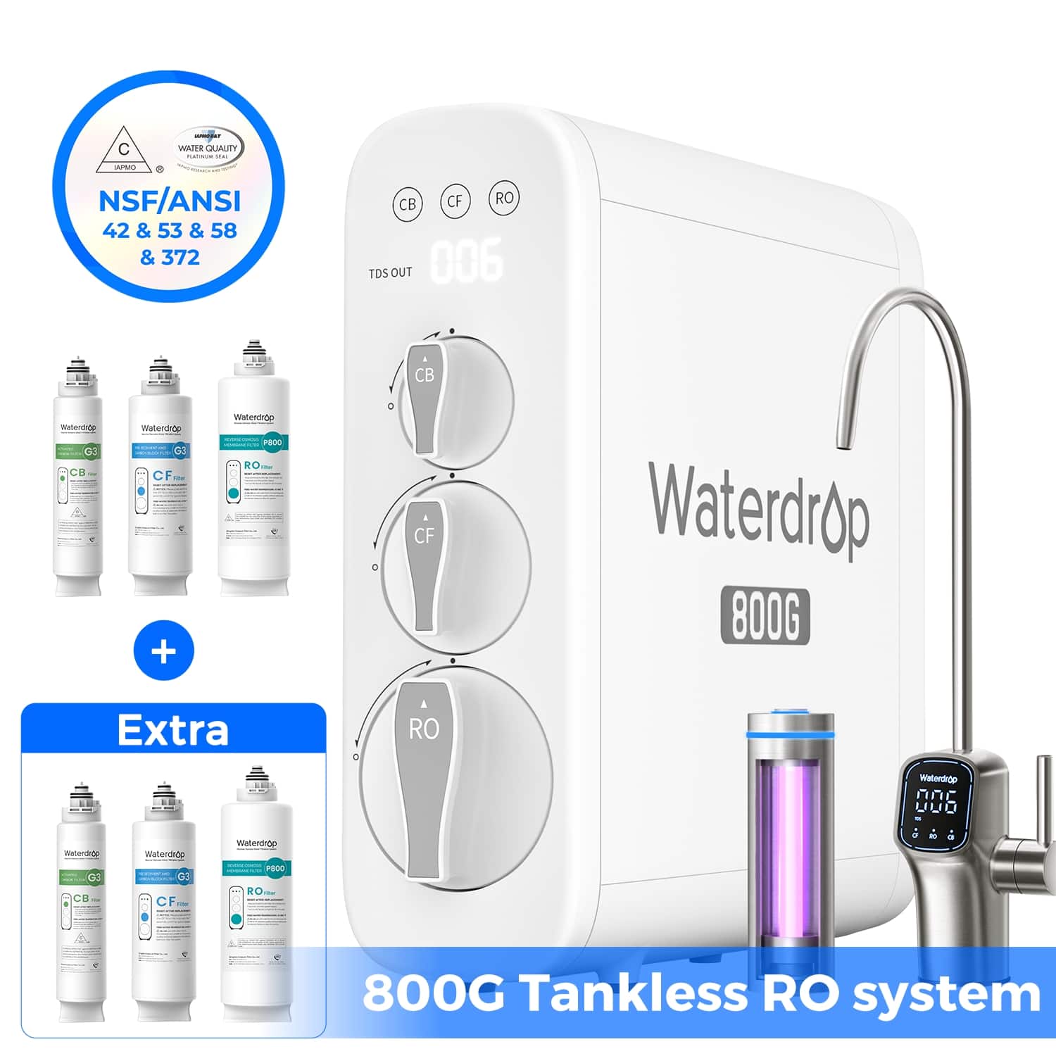C WAITE UALITY -- NSF/ANSI 42 & 53 & 58 & 372 CB CF RO TDS OUT 006 CB Waterdrop dd Wshendrdp d F + Waterdrap PEO RO - CF Waterdrop 800G Extra RO materdnre mwtenddndo Watendngen Waterdrop 006 2 CO CB Gl CF - PELL RO - ! 800G Tankless RO system
