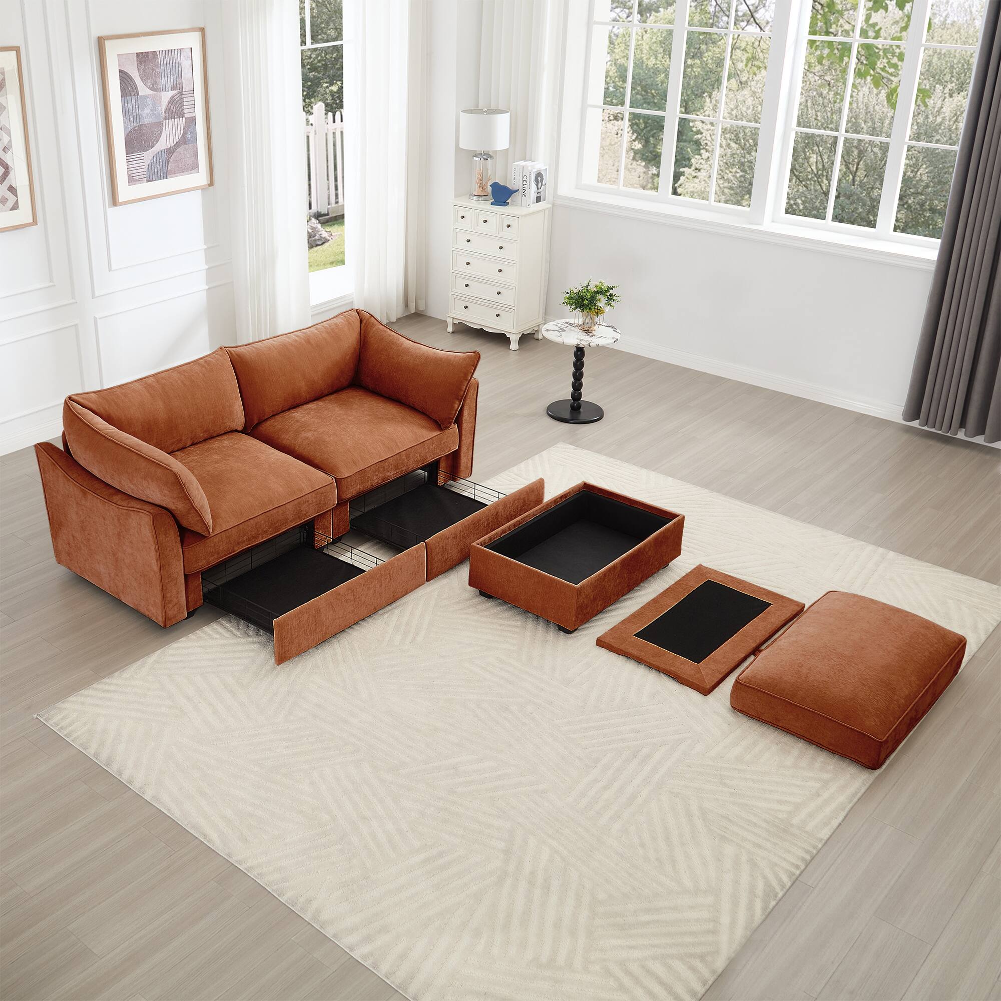 Left. Aukfa - 2-Seater Sofa with Storage Footstool - Crescent-Shaped Armrests, Chenille Fabric, Wraparound Cushions - Orange.