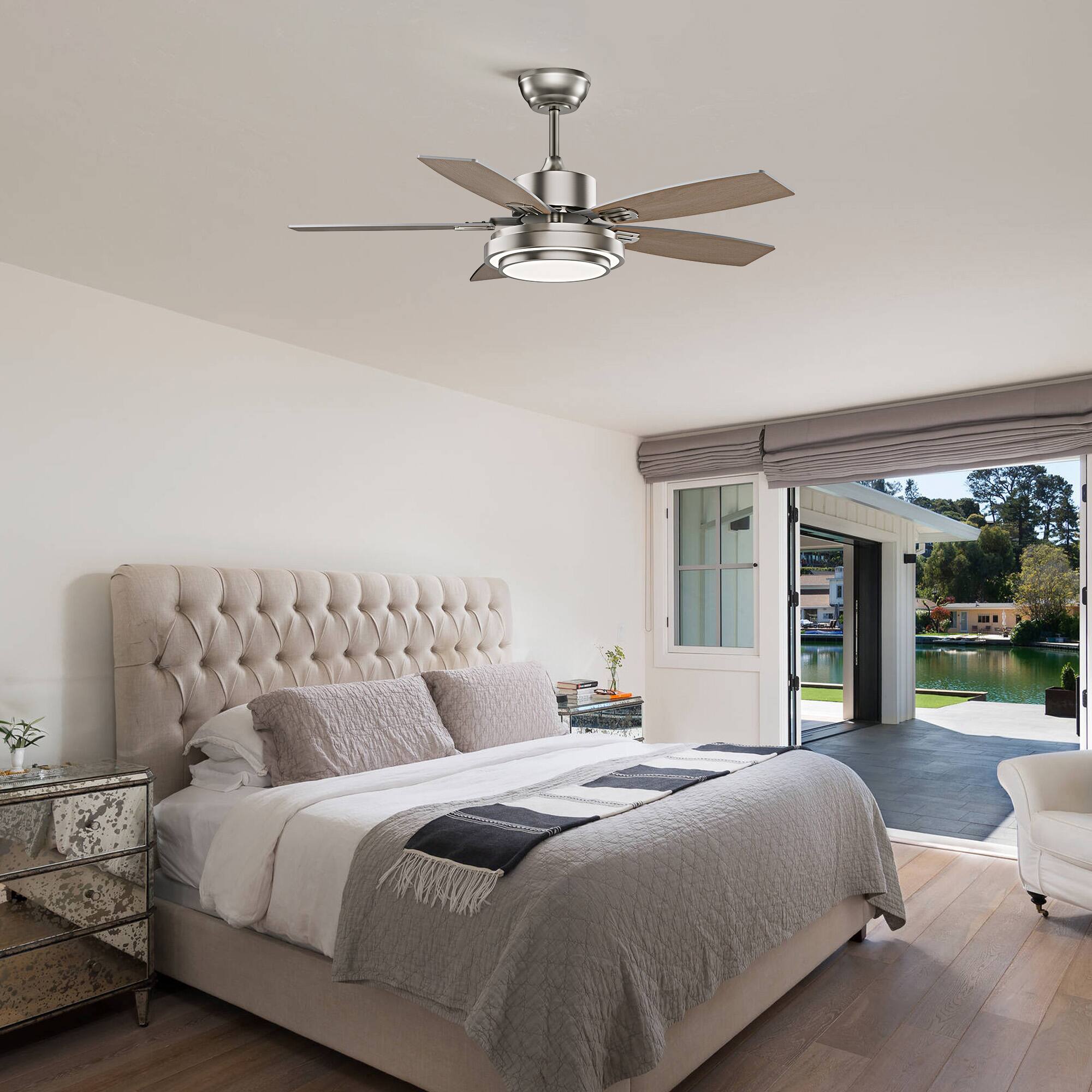 Left. Siljoy - 42-in Nickel Ceiling Fan with Nickel or Oak Color Blades Ceiling Fan With Light-Remote Included - Nickel.