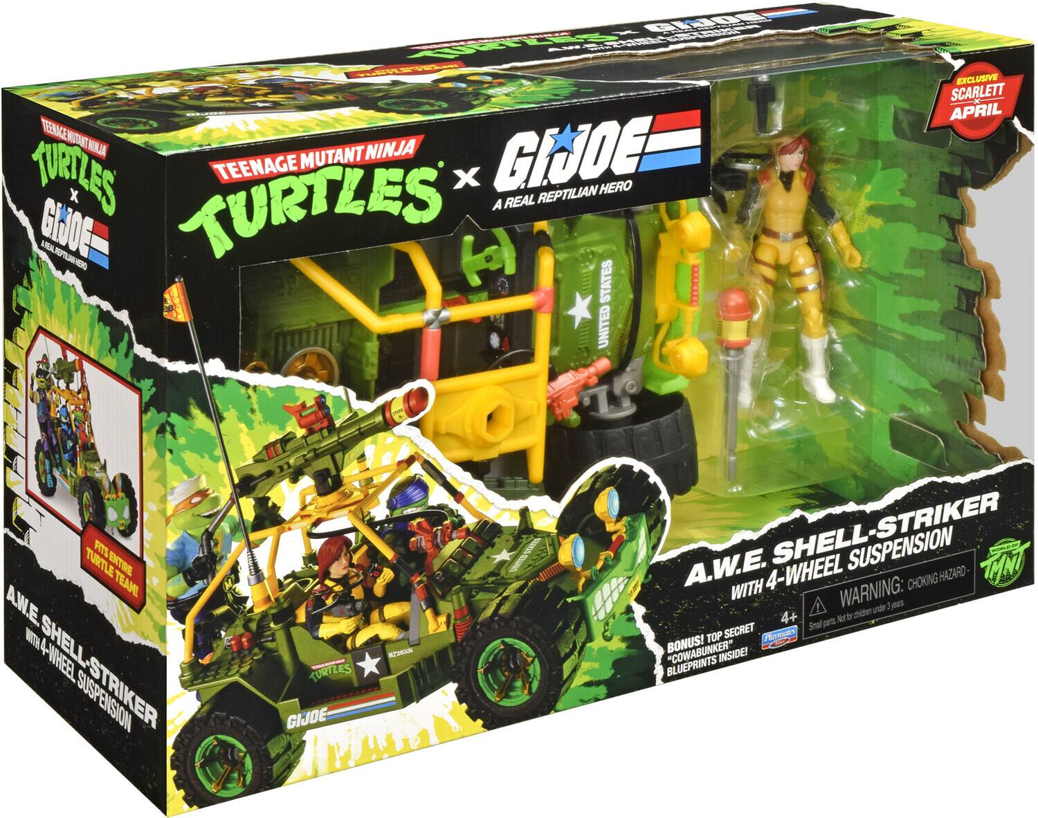 TEENAGE MUTANT NINJA TURTLES x GIJOE - A REAL REPTILIAN HERO

EXCLUSIVE SCARLETT APRIL

A.W.E. SHELL-STRIKER WITH 4-WHEEL SUSPENSION

WARNING: CHOKING HAZARD - Small parts. Not for children under 3 years.

BONUS! "COWABUNKER" INSIDE! BLUEPRINTS

TOP SECRET