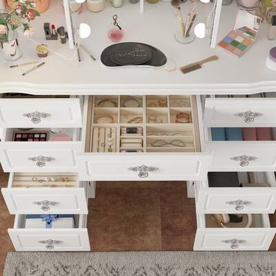 Famapy Vintage Vanity Table with 3 Sided LED Mirror Makeup Desk, 9 Drawer Organizer Hidden Storage White BBFAZJ-KF210215-02 - Best Buy Famapy Vintage Vanity Table with 3 Sided LED Mirror Makeup Desk, 9 Drawer Organizer Hidden Storage White BBFAZJ-KF210215-02 - Best Buy