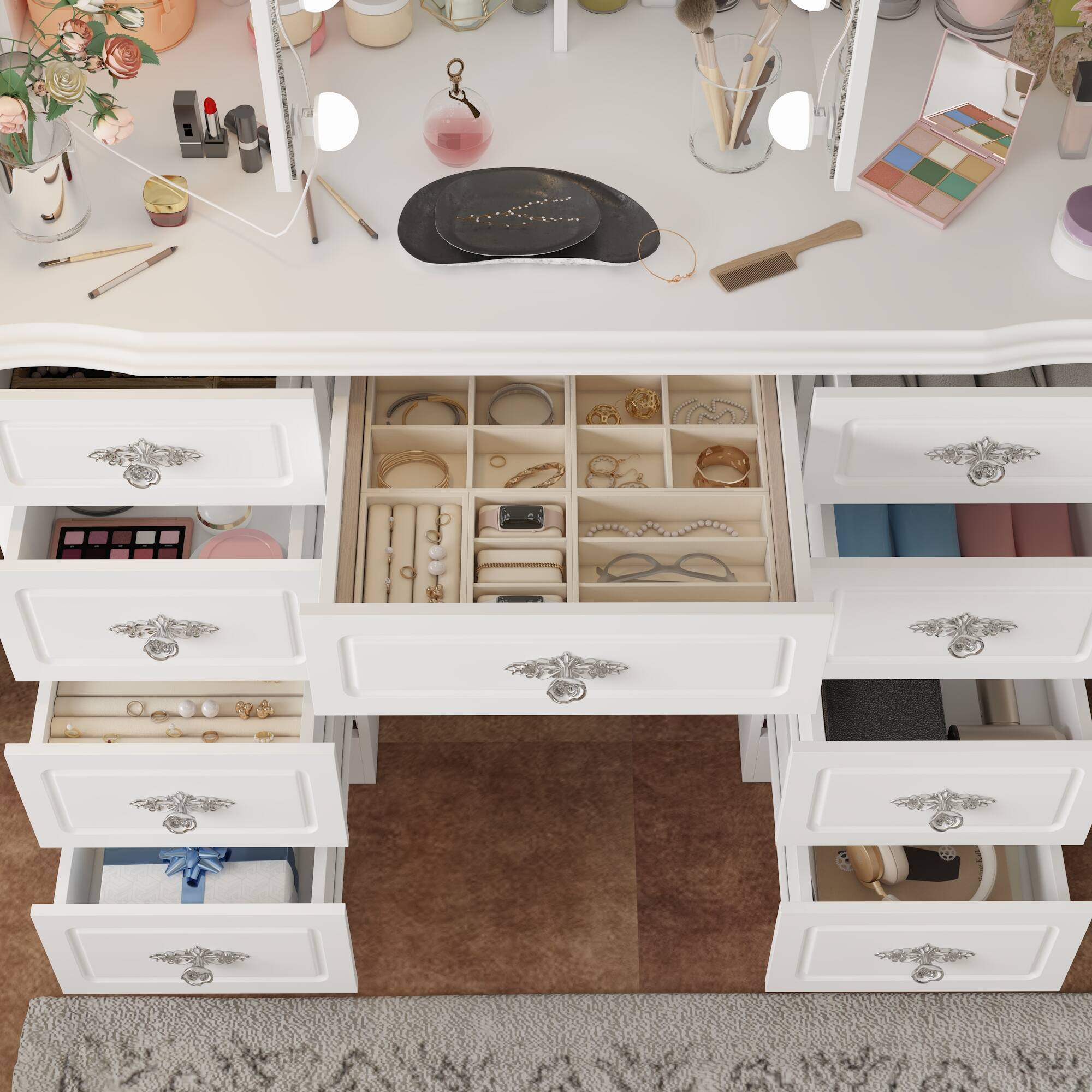 Alt View 9. Famapy - Vintage Vanity Table with 3-Sided LED Mirror - Makeup Desk, 9-Drawer Organizer Hidden Storage - White.