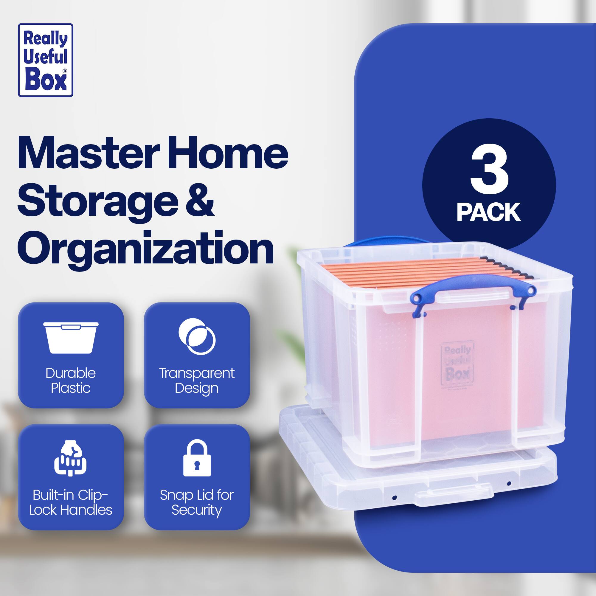 Really Useful Box  
Master Home Storage & Organization  
3 PACK  

- Durable Plastic  
- Transparent Design  
- Built-in Clip-Lock Handles  
- Snap Lid for Security