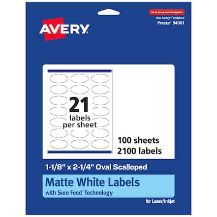 Go to avery.com/templates
AVERY
Use Avery Template Presta 94061
21 labels per sheet
100 sheets
2100 labels
1-1/8" x 2-1/4" Oval Scalloped Matte White Labels with Sure Feed Technology for Laser/Inkjet