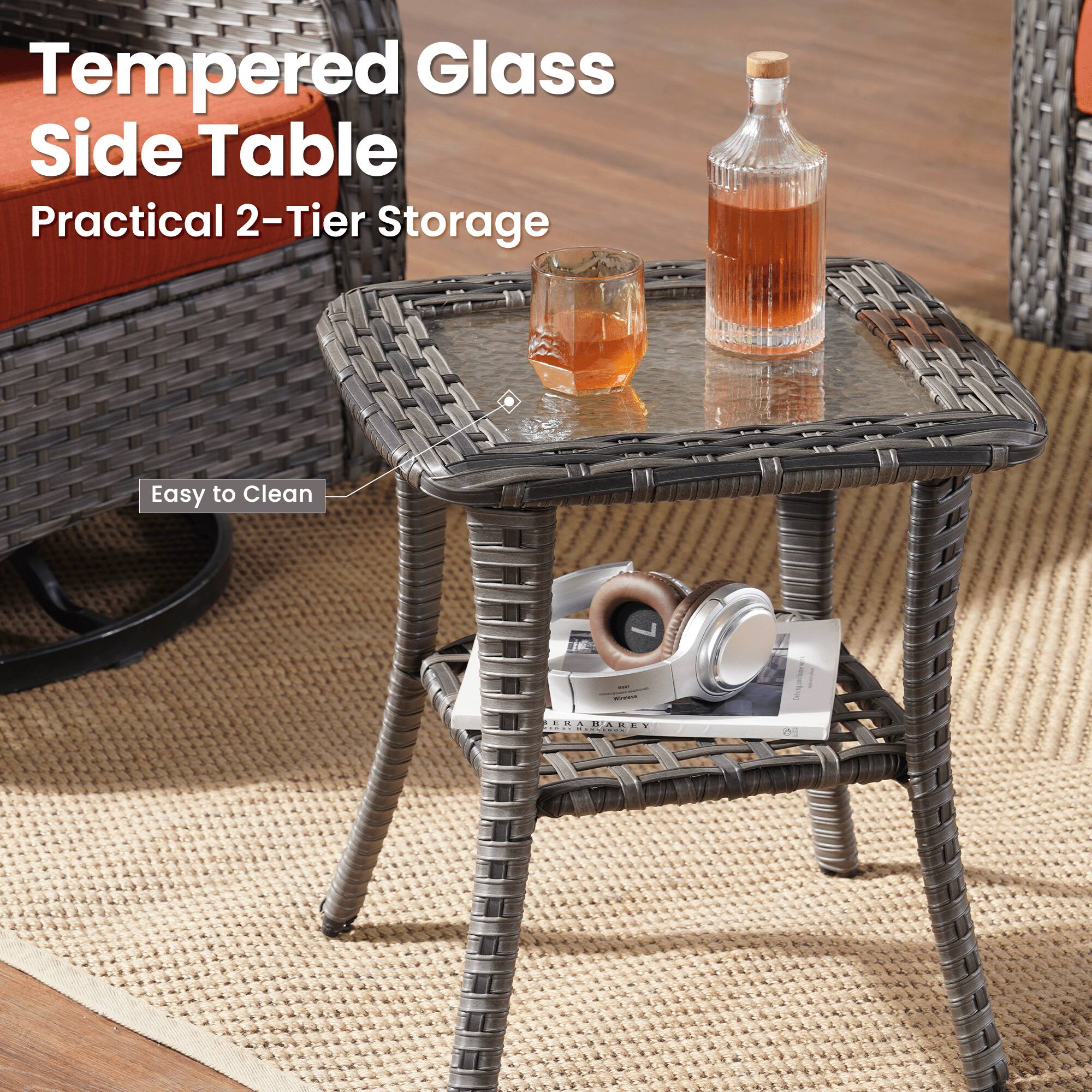 Tempered Glass Side Table  
Practical 2-Tier Storage  
Easy to Clean