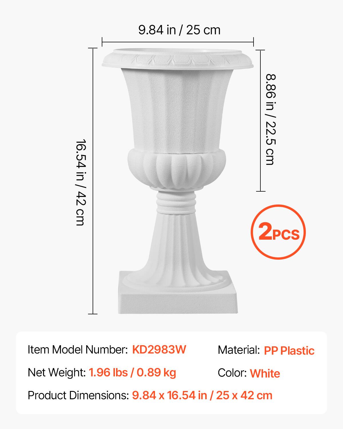 9.84 in / 25 cm  
16.54 in / 42 cm  
8.86 in / 22.5 cm  

2PCS  

Item Model Number: KD2983W  
Material: PP Plastic  
Net Weight: 1.96 lbs / 0.89 kg  
Color: White  
Product Dimensions: 9.84 x 16.54 in / 25 x 42 cm