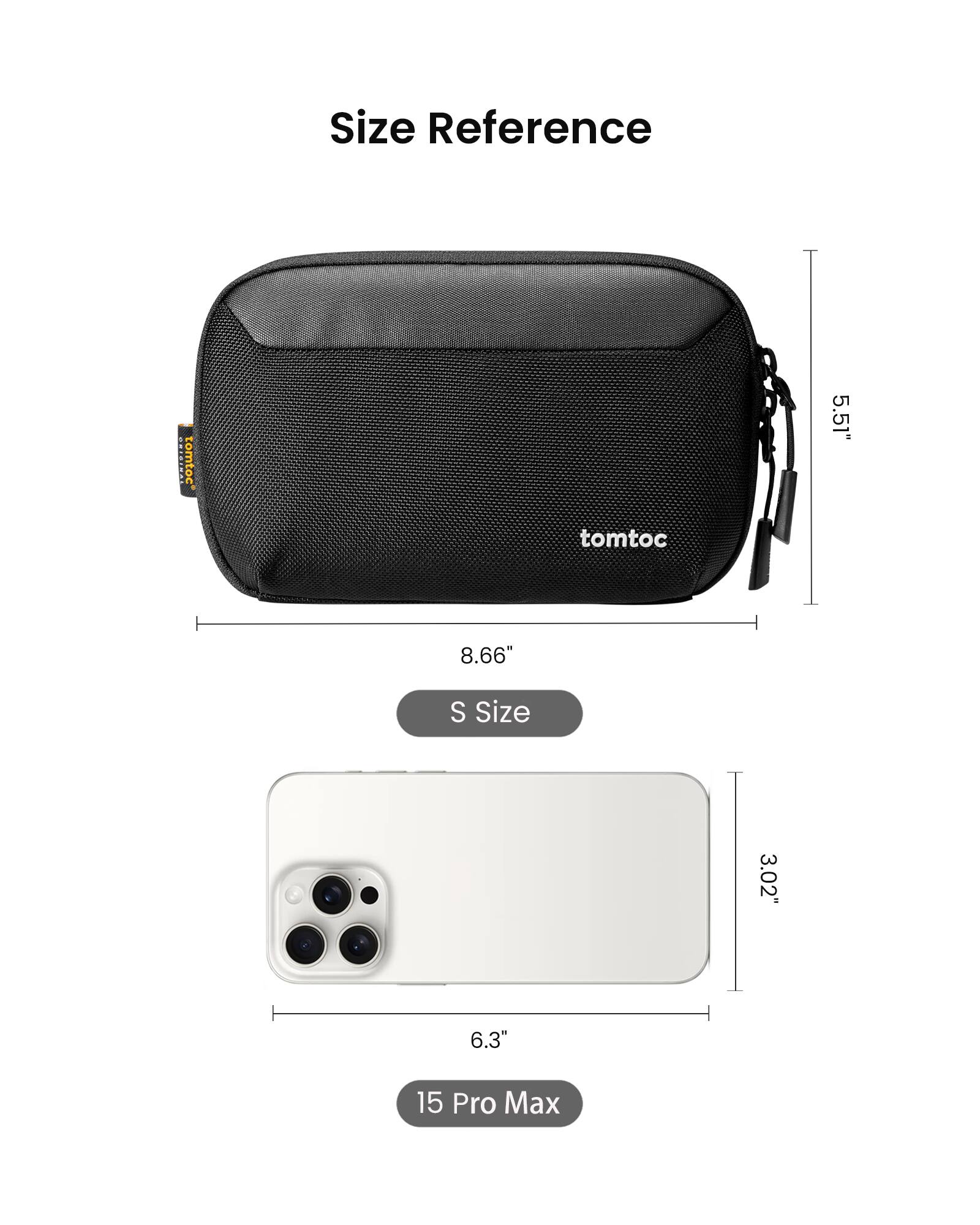 Size Reference

tomtoc 5.51"  
tomtoc 8.66"  
S Size 3.02" 6.3"  
15 Pro Max