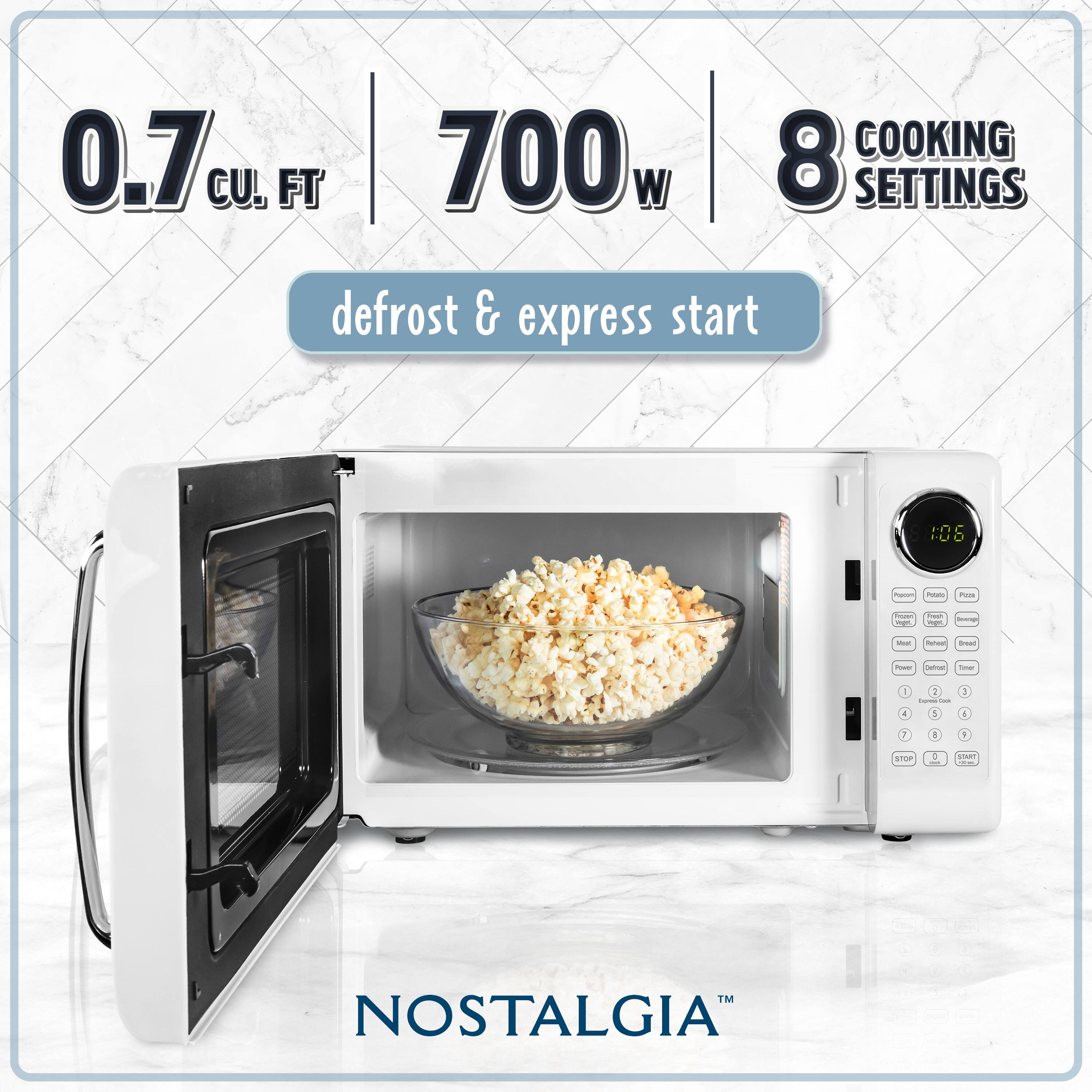 0.7 cu. ft.  
700w  
8 cooking settings  
defrost & express start  

NOSTALGIA™