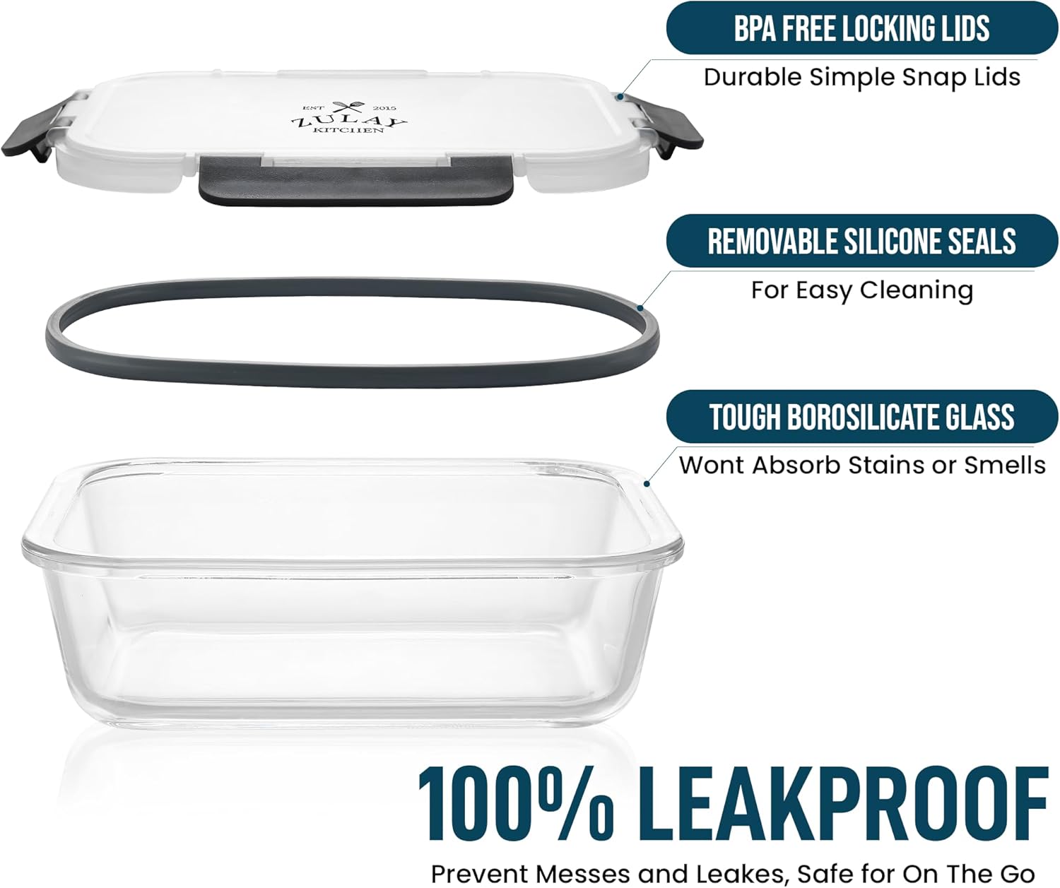 - BPA FREE LOCKING LIDS
  - Durable Simple Snap Lids

- REMOVABLE SILICONE SEALS
  - For Easy Cleaning

- TOUGH BOROSILICATE GLASS
  - Wont Absorb Stains or Smells

- 100% LEAKPROOF
  - Prevent Messes and Leaks, Safe for On The Go
