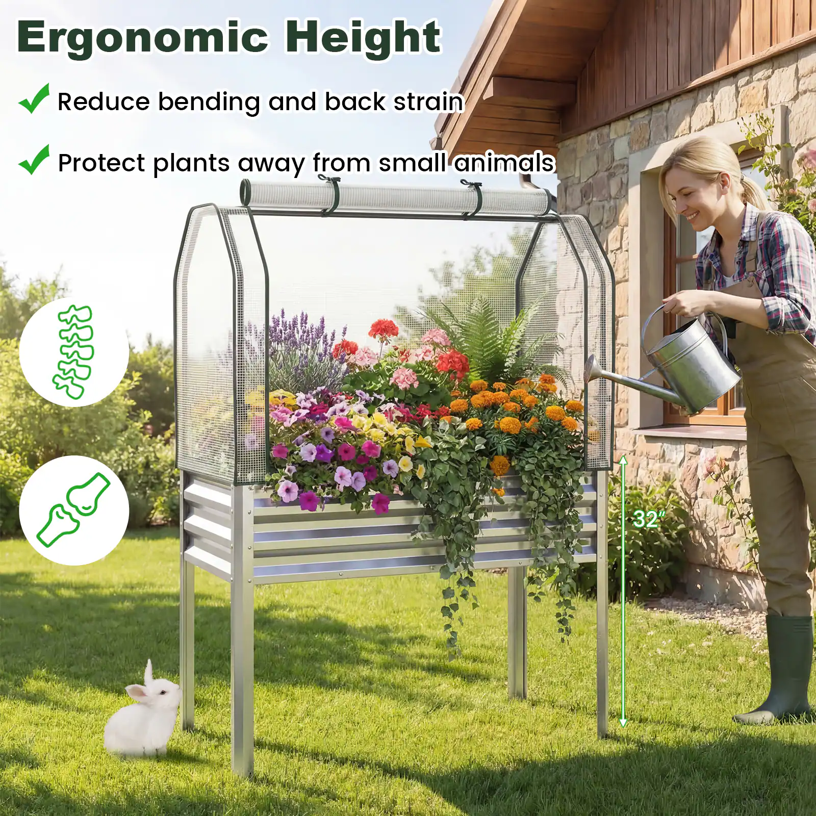 Ergonomic Height  
- Reduce bending and back strain  
- Protect plants away from small animals  

32"