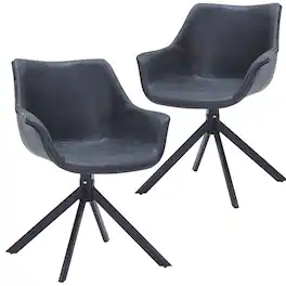 LeisureMod - Markley 2-PCS Distressed Leather Swivel Accent Side Chair - Metal Base - Black
