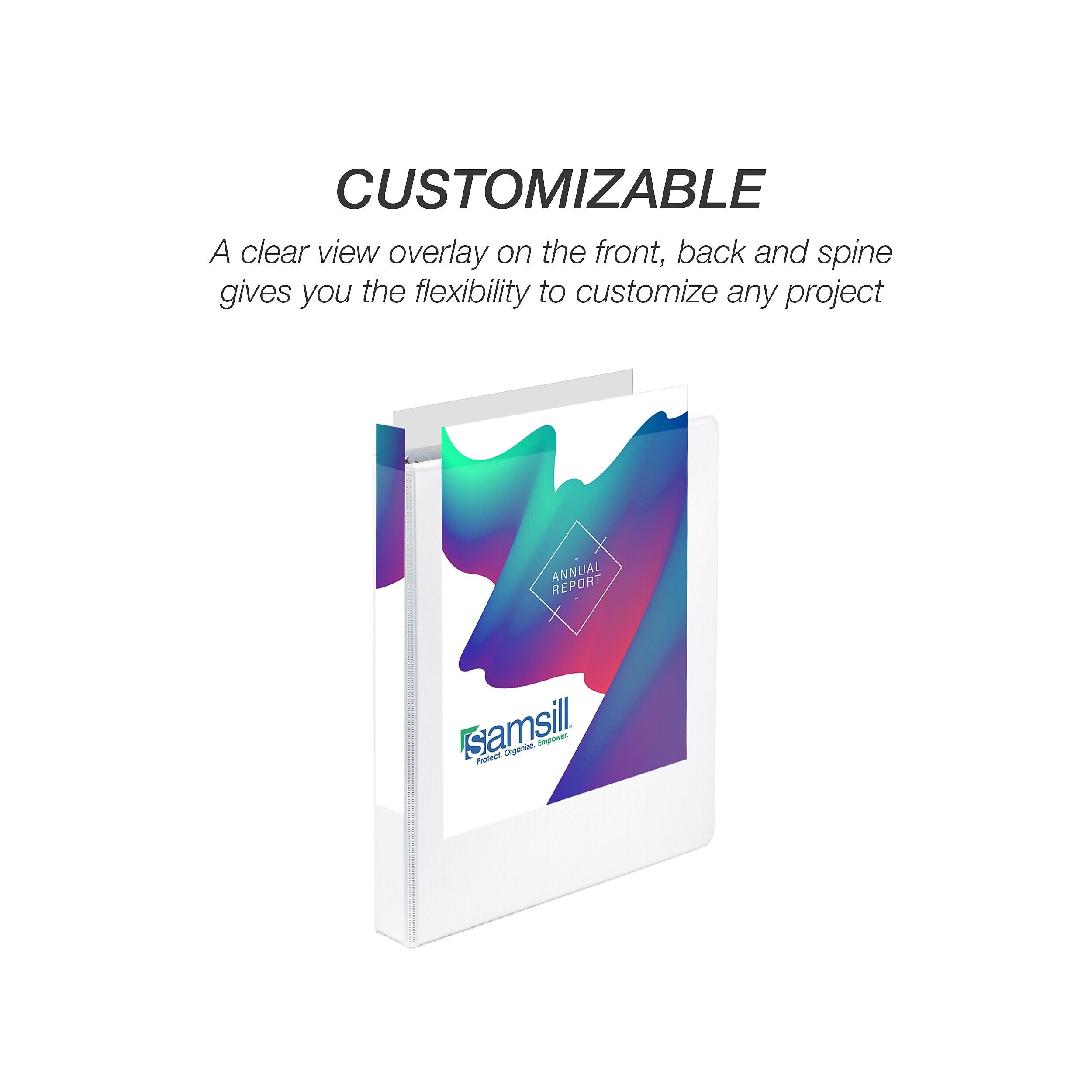 CUSTOMIZABLE  
A clear view overlay on the front, back and spine gives you the flexibility to customize any project

ANNUAL REPORT  
Tsamsill Protect Organize Empower